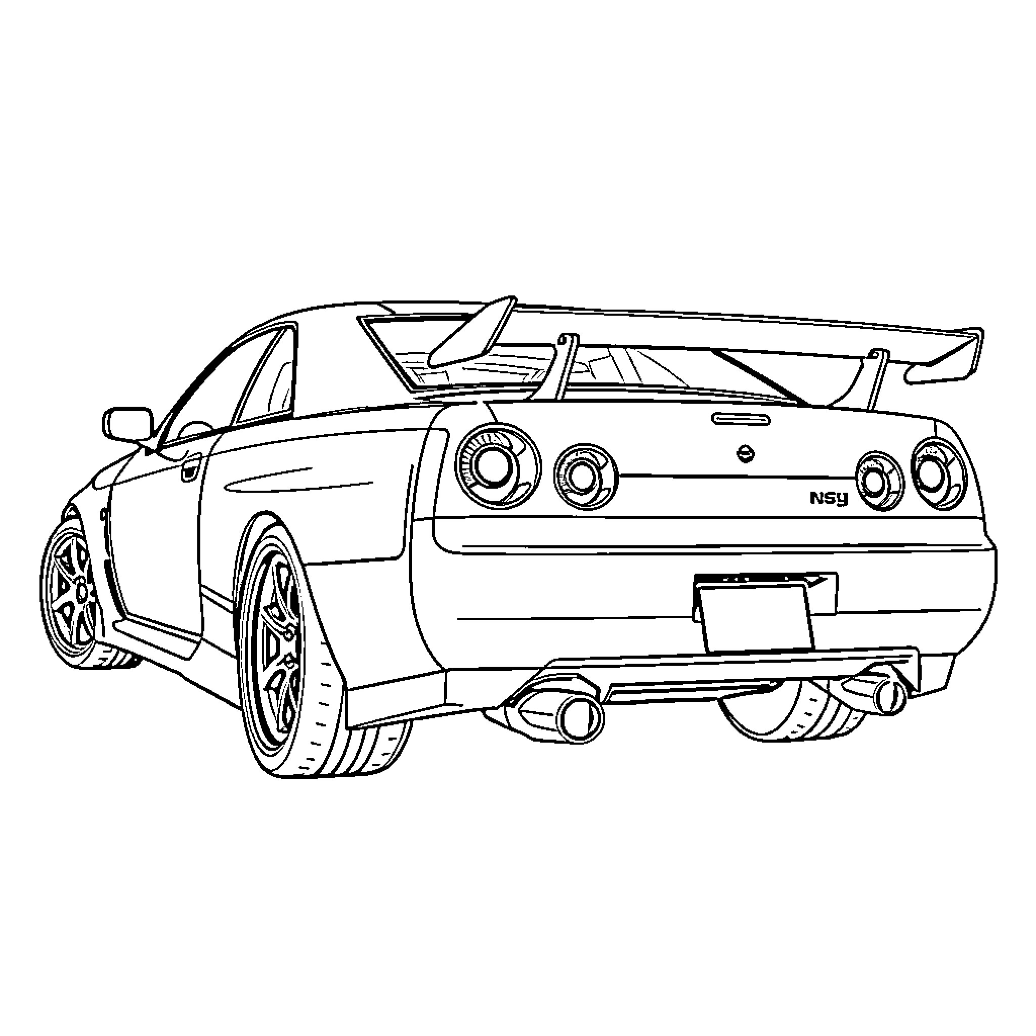 Nissan Skyline racing-inspired sports car Coloring Page (free black-and-white line drawing printable PDF for all, from beginners to advanced learners, including children, teens, adults, and seniors)