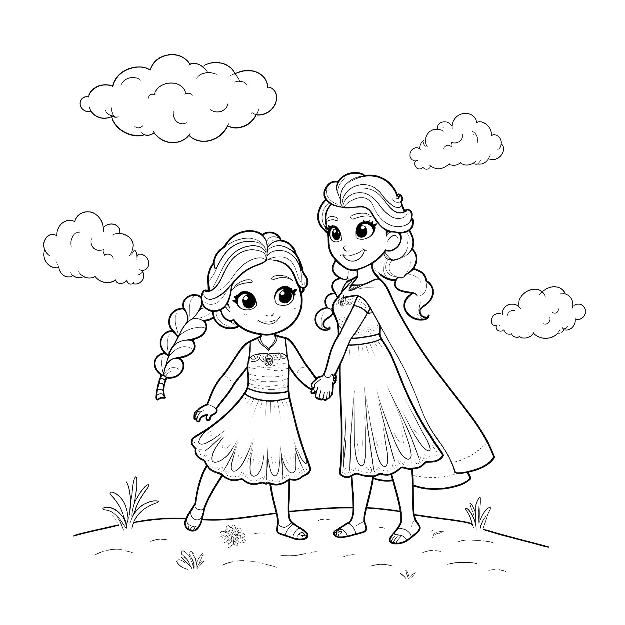 Moana and Elsa in a Peaceful Outdoor Scene Coloring Page (free black-and-white line drawing printable PDF for all, from beginners to advanced learners, including children, teens, adults, and seniors)