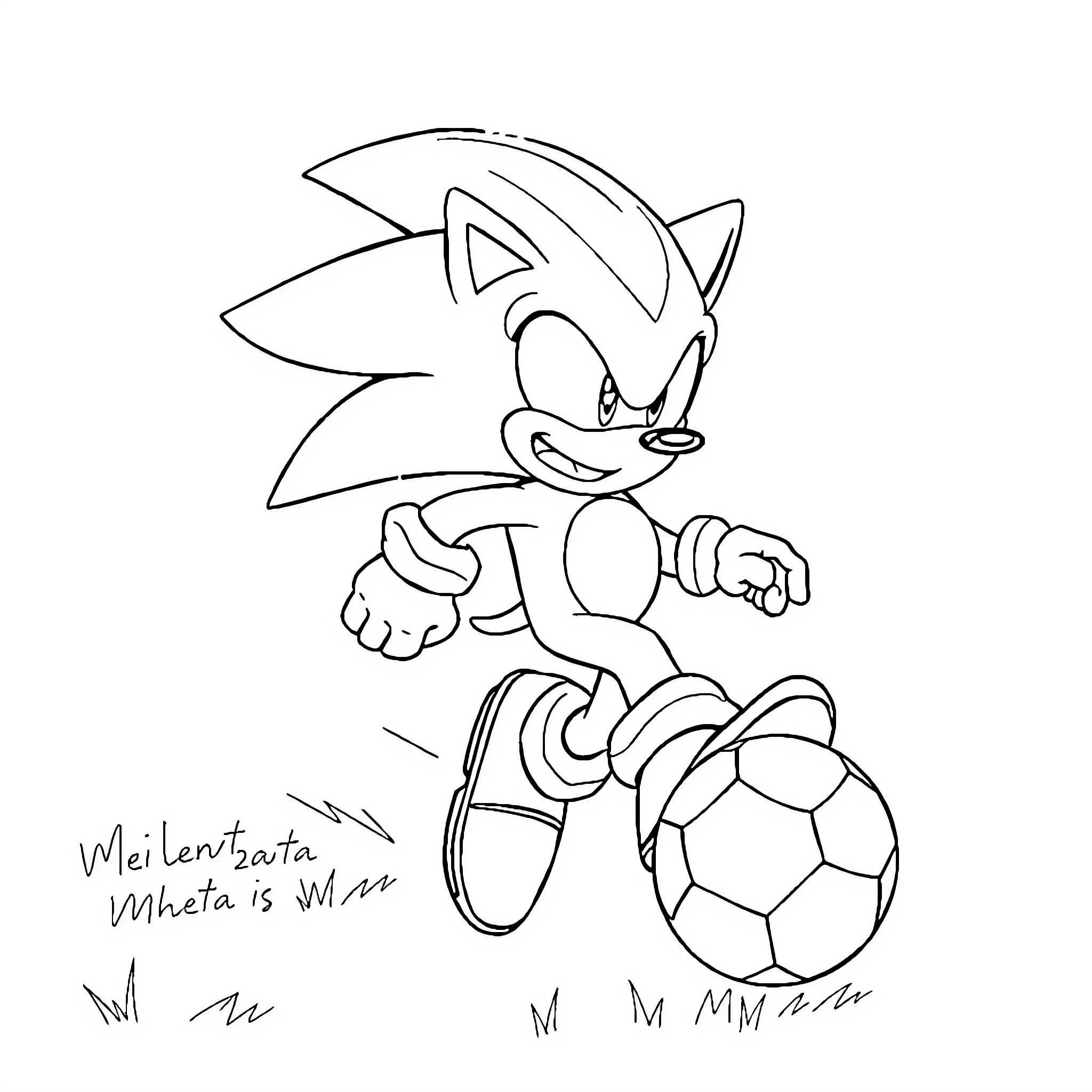Sonic joyfully playing with a soccer ball Coloring Page (free black-and-white line drawing printable PDF for all, from beginners to advanced learners, including children, teens, adults, and seniors)