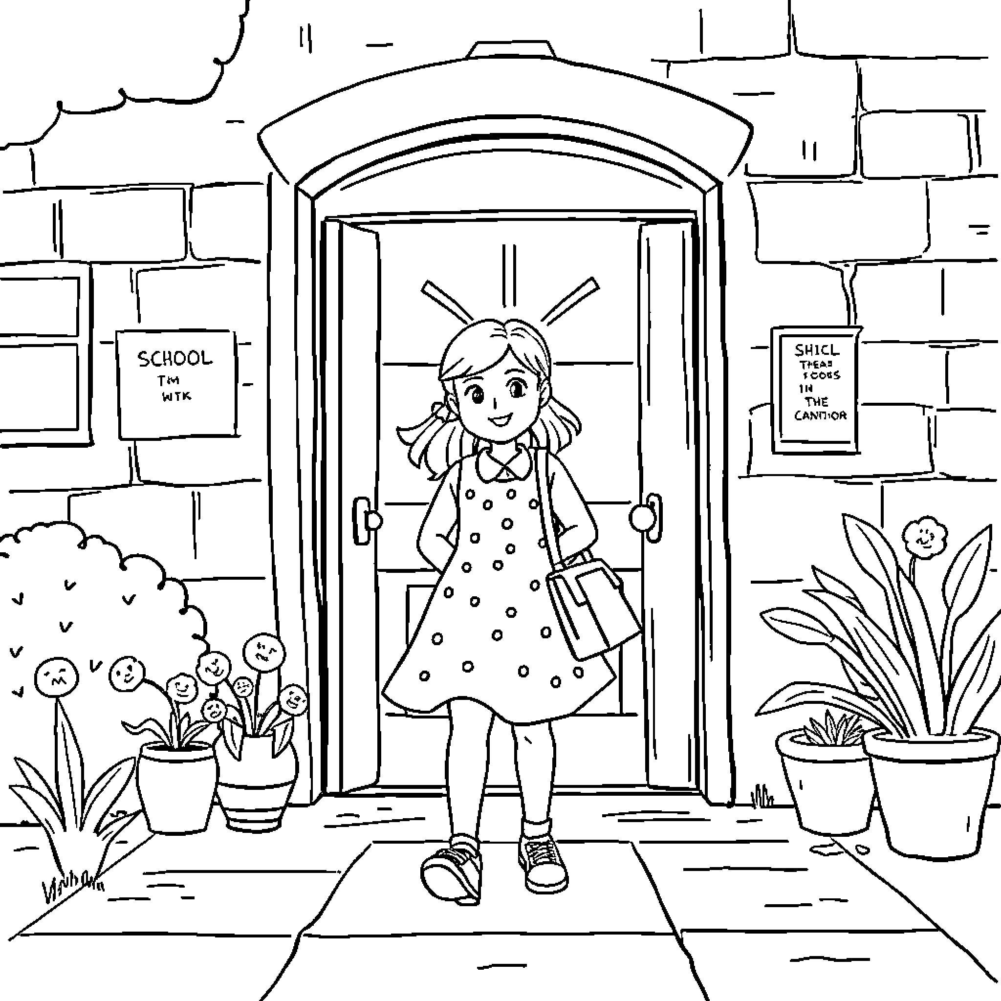 Mary's Cheerful Arrival at School Coloring Page (free black-and-white line drawing printable PDF for all, from beginners to advanced learners, including children, teens, adults, and seniors)