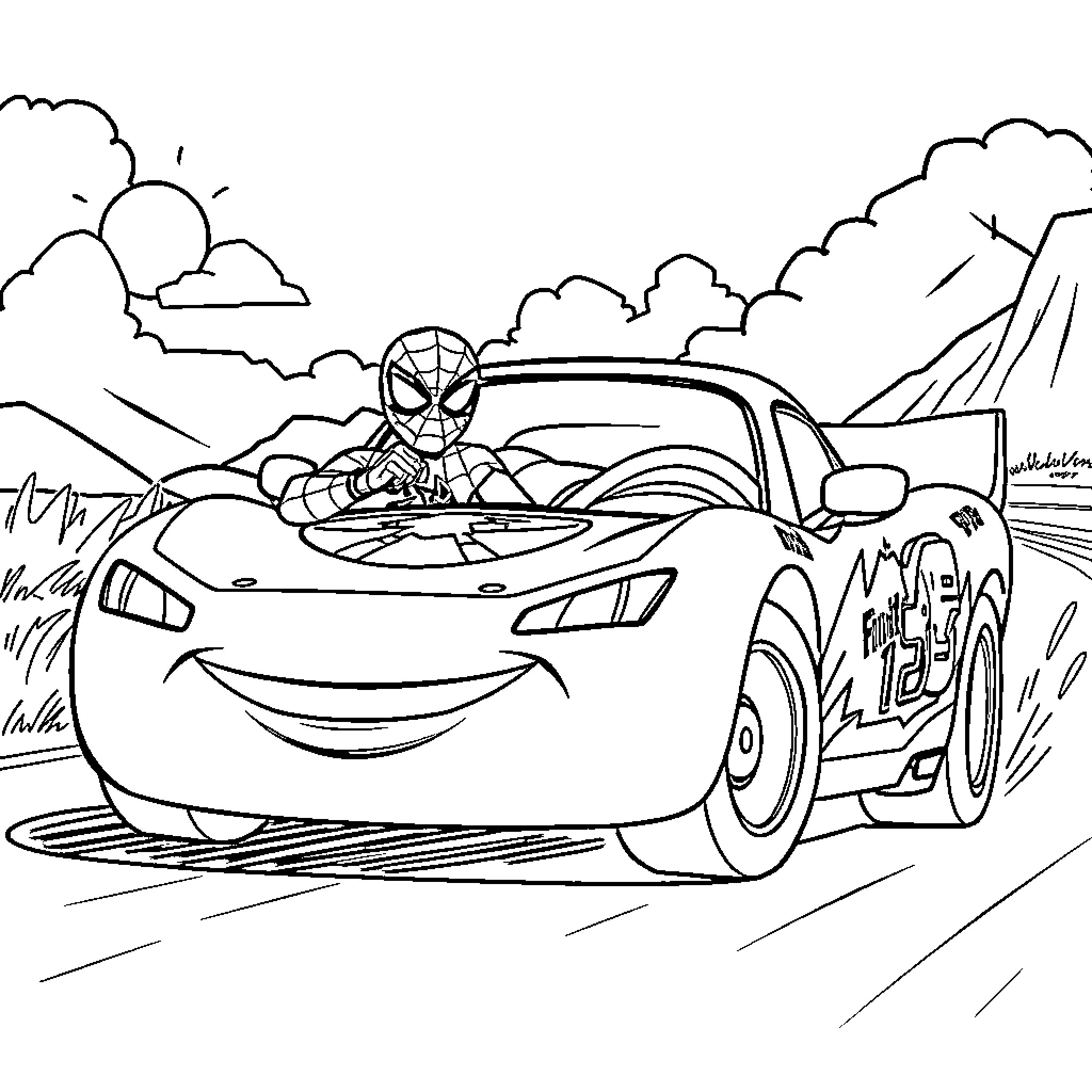Spiderman riding a cool sports car Coloring Page (free black-and-white line drawing printable PDF for all, from beginners to advanced learners, including children, teens, adults, and seniors)