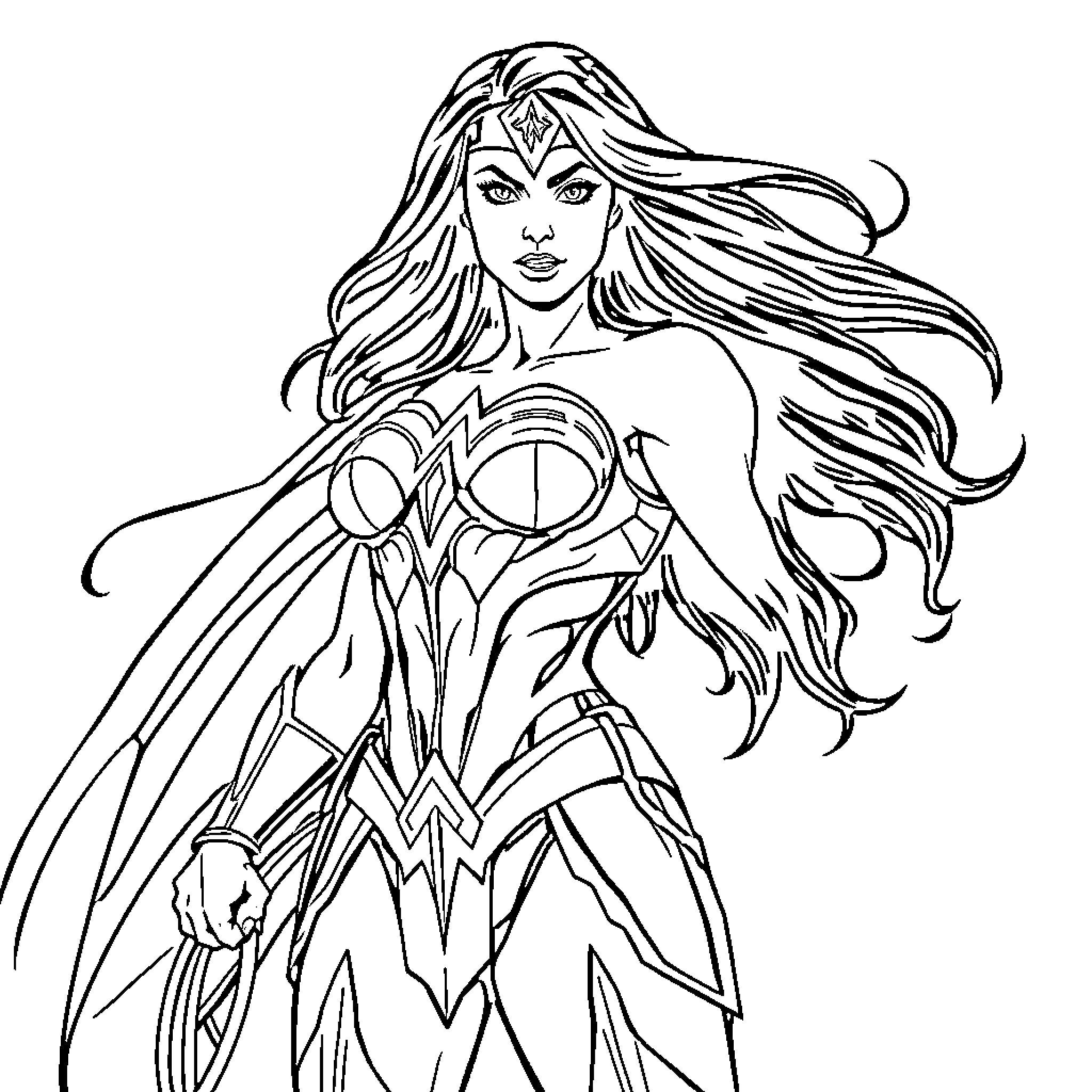 Wonder Woman in fierce battle stance Coloring Page (free black-and-white line drawing printable PDF for all, from beginners to advanced learners, including children, teens, adults, and seniors)