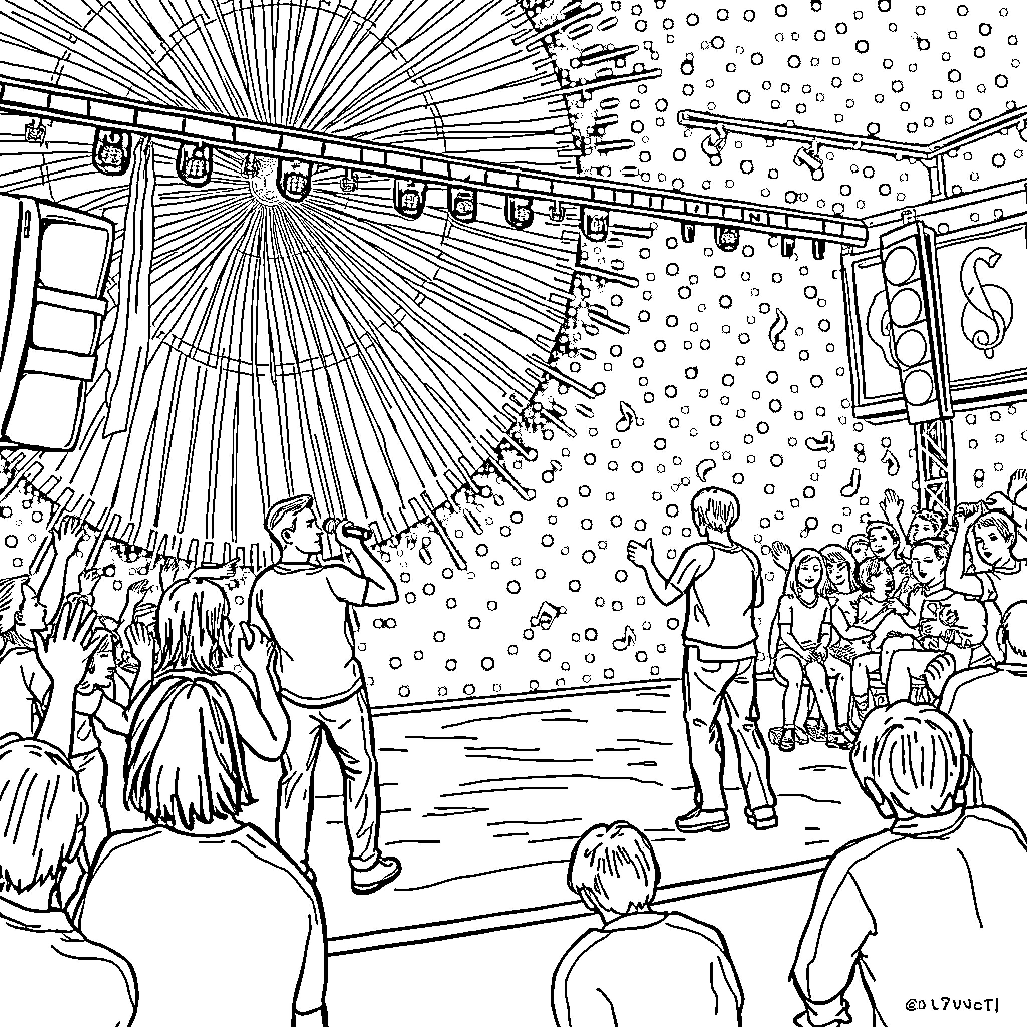 Great Combination of Music, Lights, and Audience Engagement Coloring Page (free black-and-white line drawing printable PDF for all, from beginners to advanced learners, including children, teens, adults, and seniors)