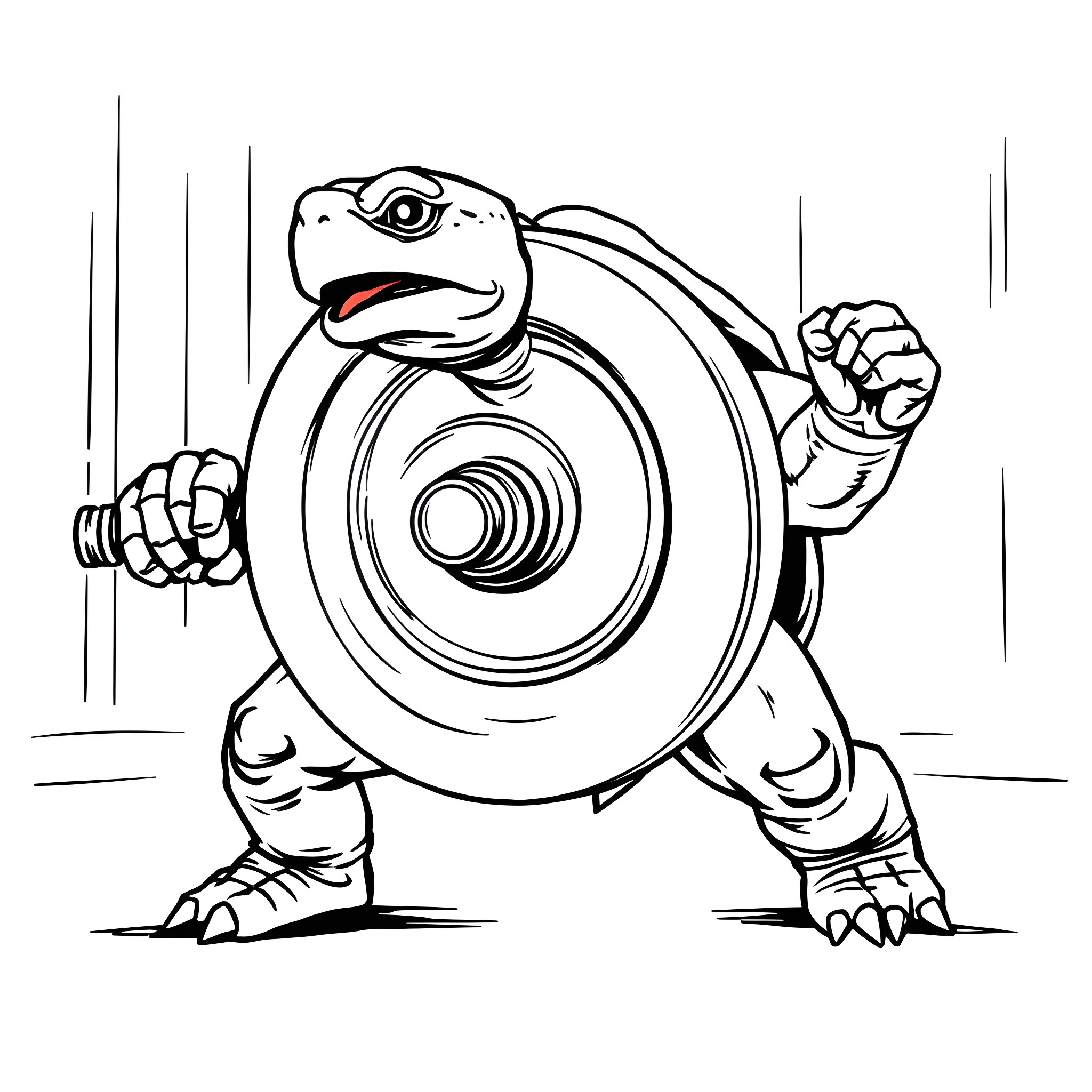 Turtle flexing muscles in bodybuilding pose Coloring Page (free black-and-white line drawing printable PDF for all, from beginners to advanced learners, including children, teens, adults, and seniors)