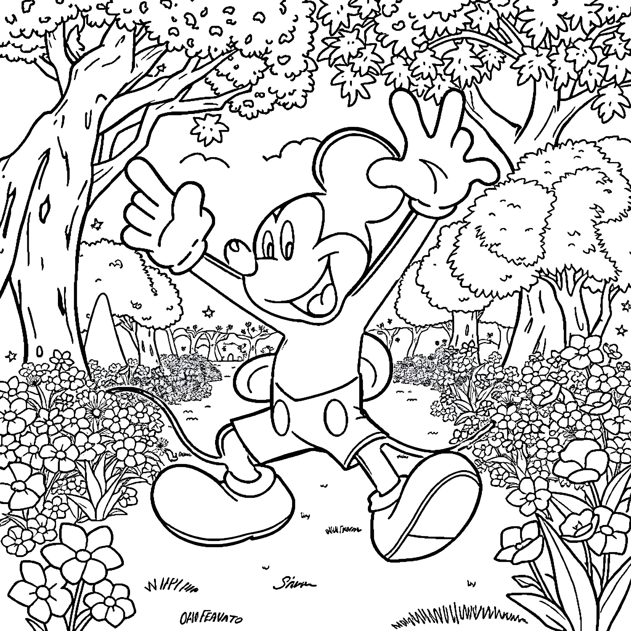 Mickey Mouse happily playing in the enchanting forest Coloring Page (free black-and-white line drawing printable PDF for all, from beginners to advanced learners, including children, teens, adults, and seniors)