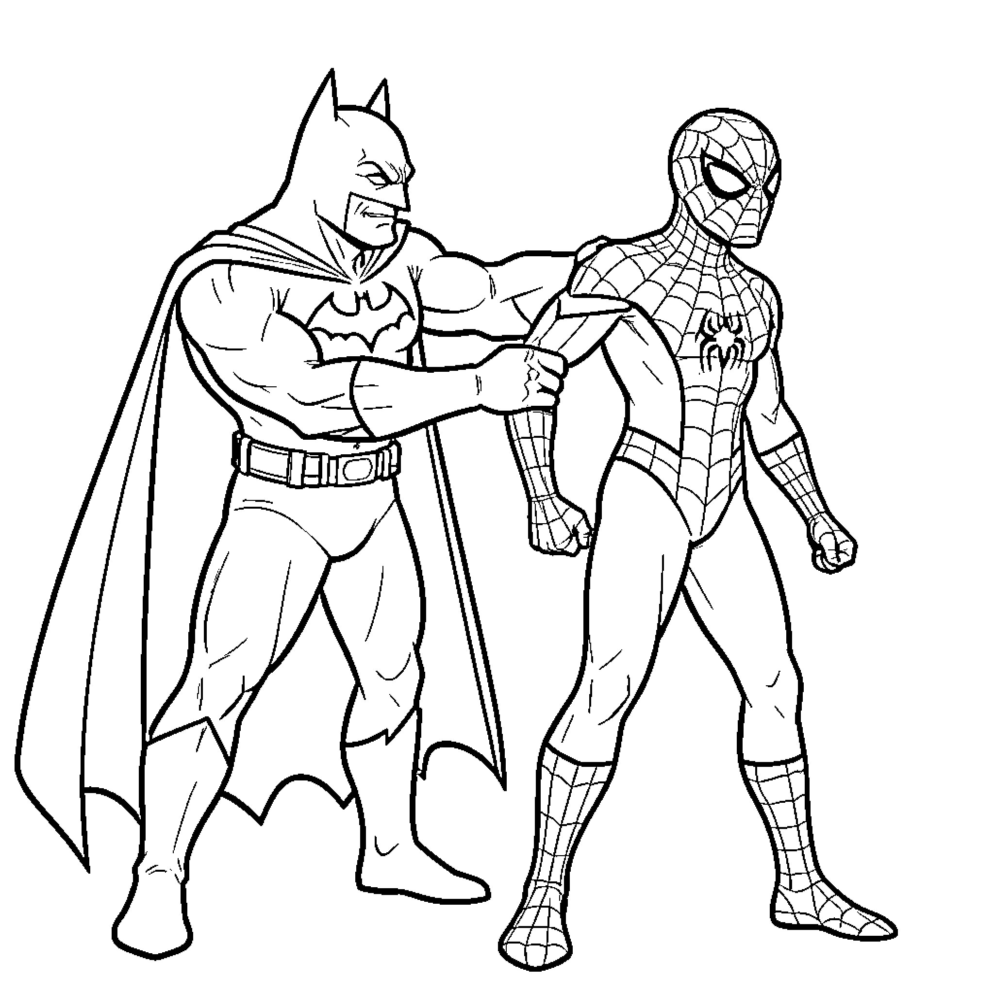 Batman and Spiderman Facing Off Coloring Page (free black-and-white line drawing printable PDF for all, from beginners to advanced learners, including children, teens, adults, and seniors)