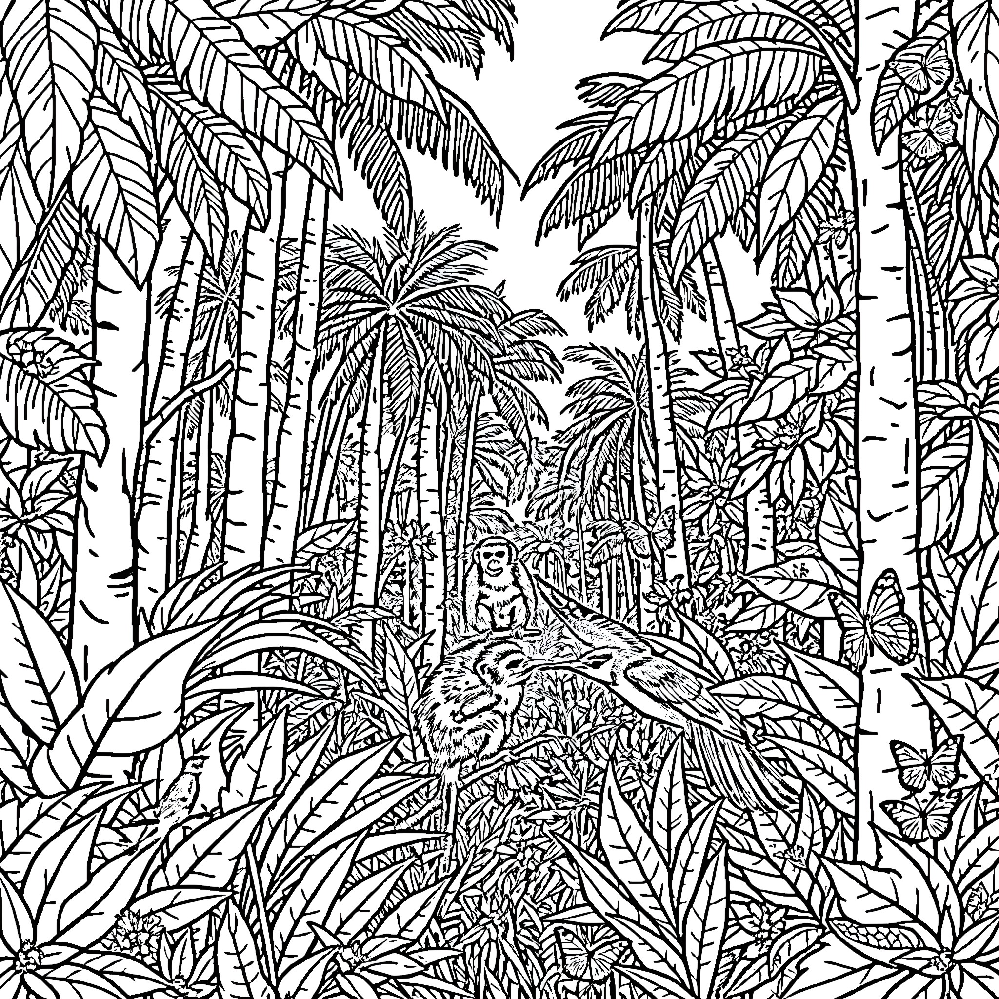 Atlantic Forest scene with tropical plants and wildlife Coloring Page (free black-and-white line drawing printable PDF for all, from beginners to advanced learners, including children, teens, adults, and seniors)