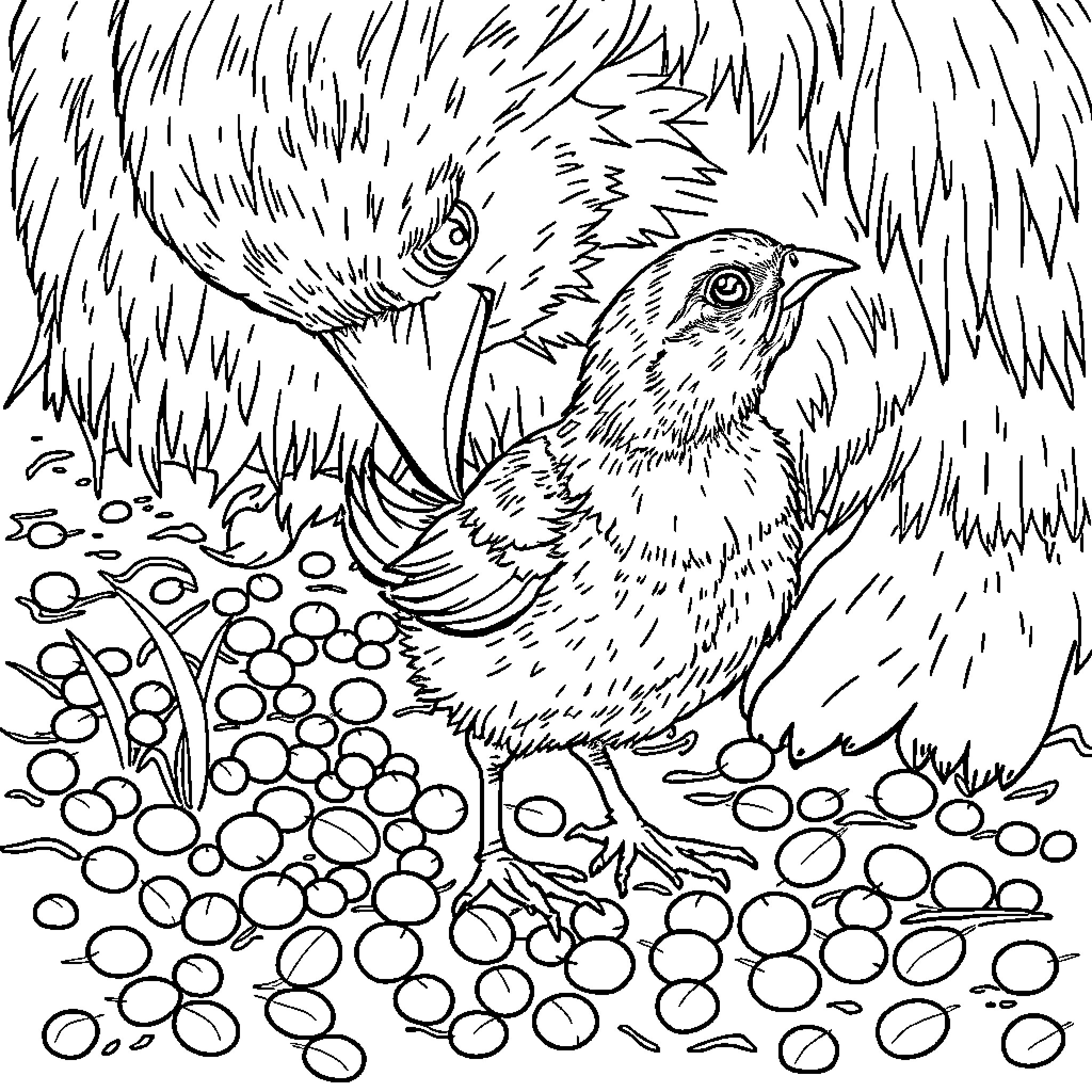 Poule with a Vibrant Plumage in Nature Coloring Page (free black-and-white line drawing printable PDF for all, from beginners to advanced learners, including children, teens, adults, and seniors)
