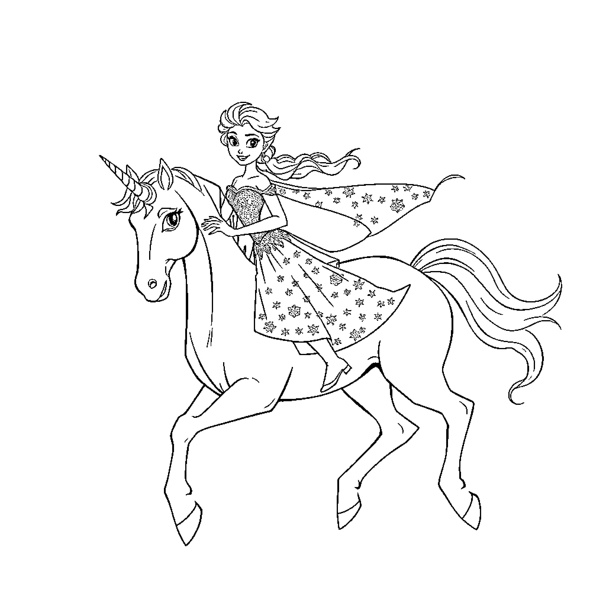 Elsa riding a magical unicorn in a flowery dress Coloring Page (free black-and-white line drawing printable PDF for all, from beginners to advanced learners, including children, teens, adults, and seniors)
