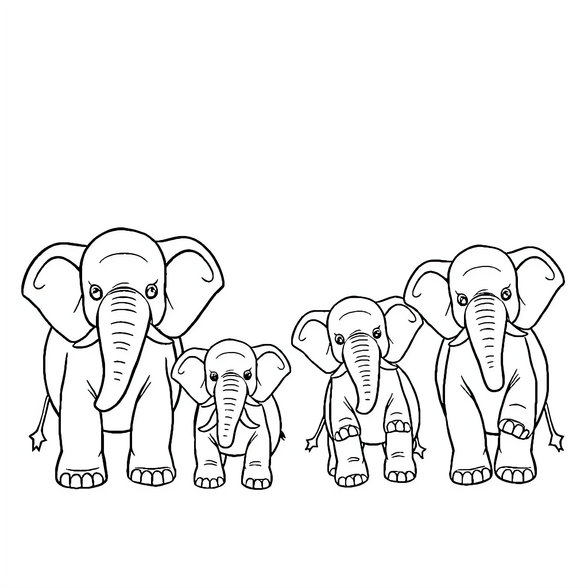 Elephant family on the move Coloring Page (free black-and-white line drawing printable PDF for all, from beginners to advanced learners, including children, teens, adults, and seniors)