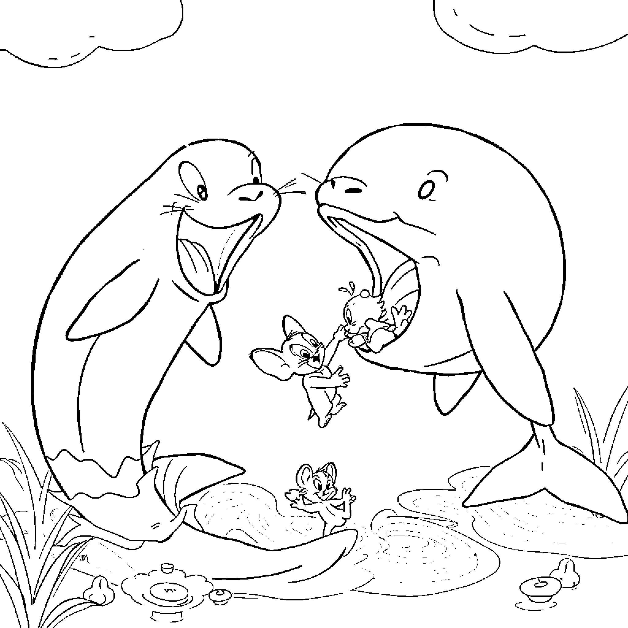Whale friends playing with marine creatures Coloring Page (free black-and-white line drawing printable PDF for all, from beginners to advanced learners, including children, teens, adults, and seniors)