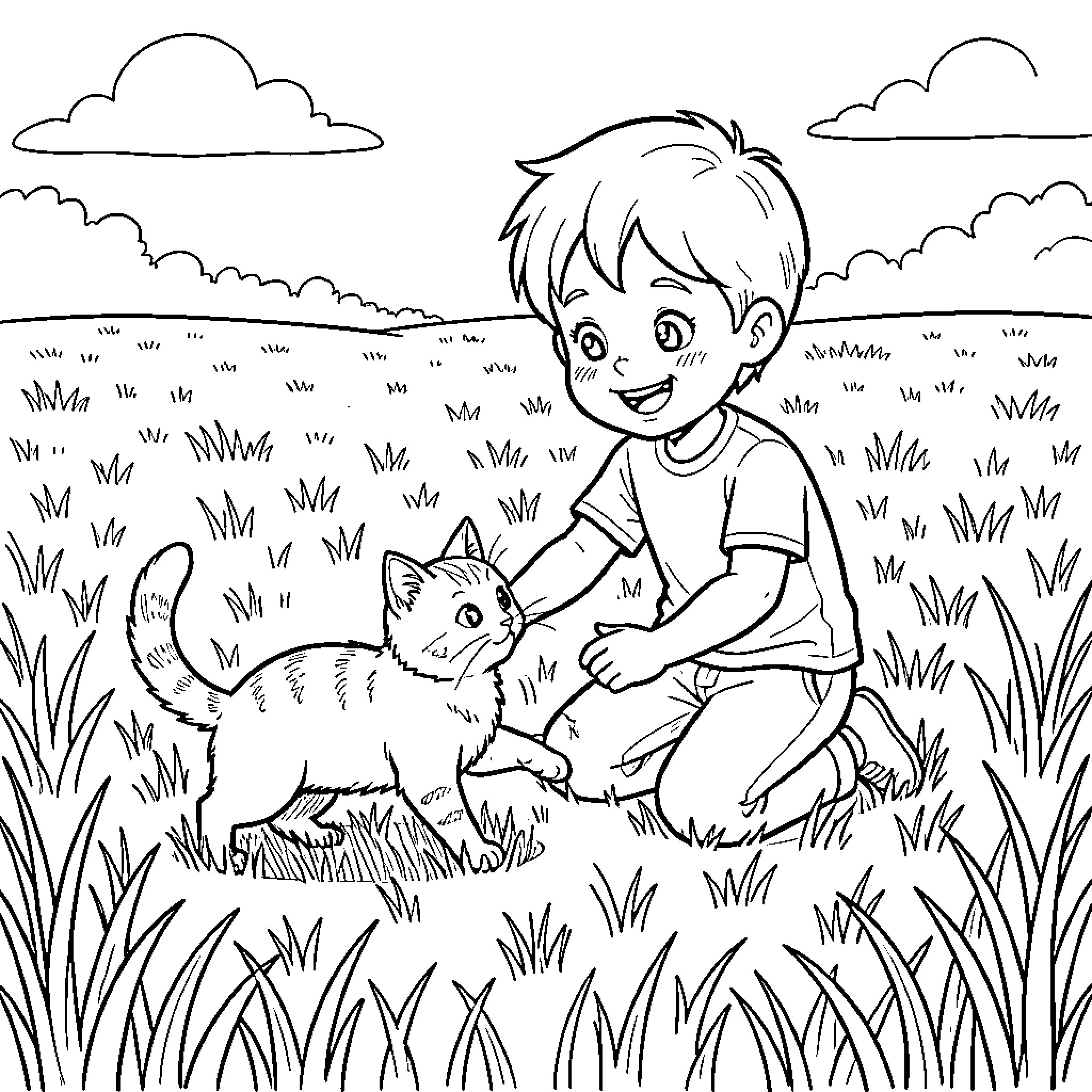 Child Playing with Curious Cat in the Meadow Coloring Page (free black-and-white line drawing printable PDF for all, from beginners to advanced learners, including children, teens, adults, and seniors)