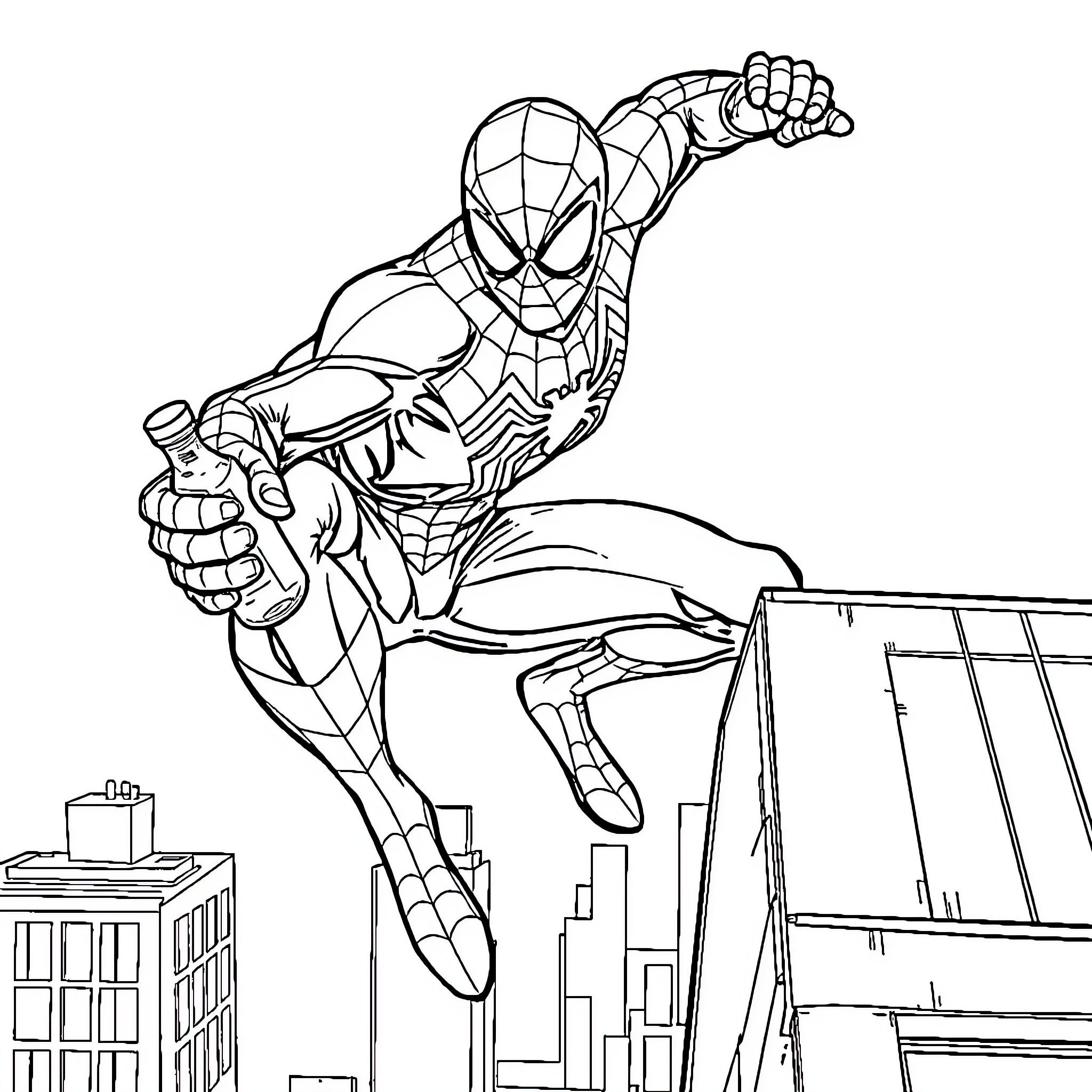 Spider-Man swinging through the city in action pose Coloring Page (free black-and-white line drawing printable PDF for all, from beginners to advanced learners, including children, teens, adults, and seniors)