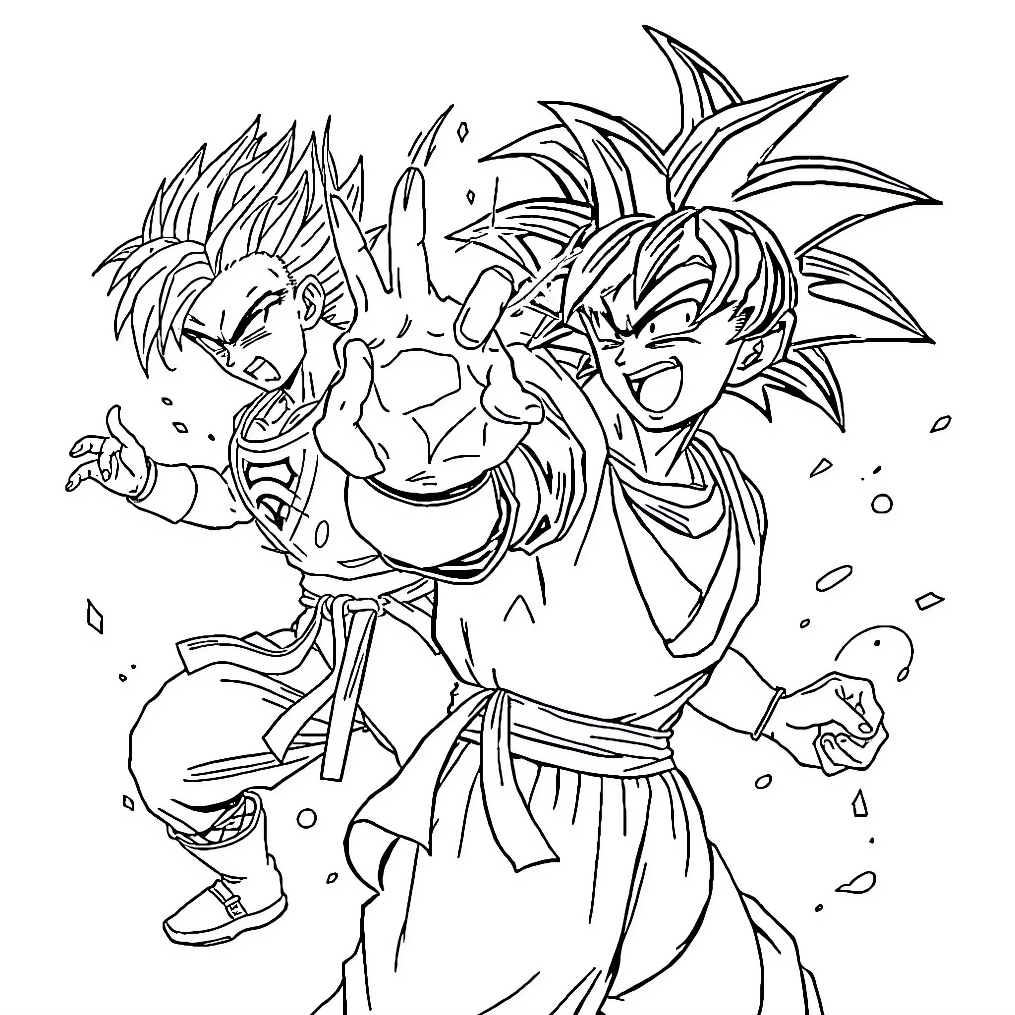 Dragon Ball Fighters Clash in Intense Battle Coloring Page (free black-and-white line drawing printable PDF for all, from beginners to advanced learners, including children, teens, adults, and seniors)