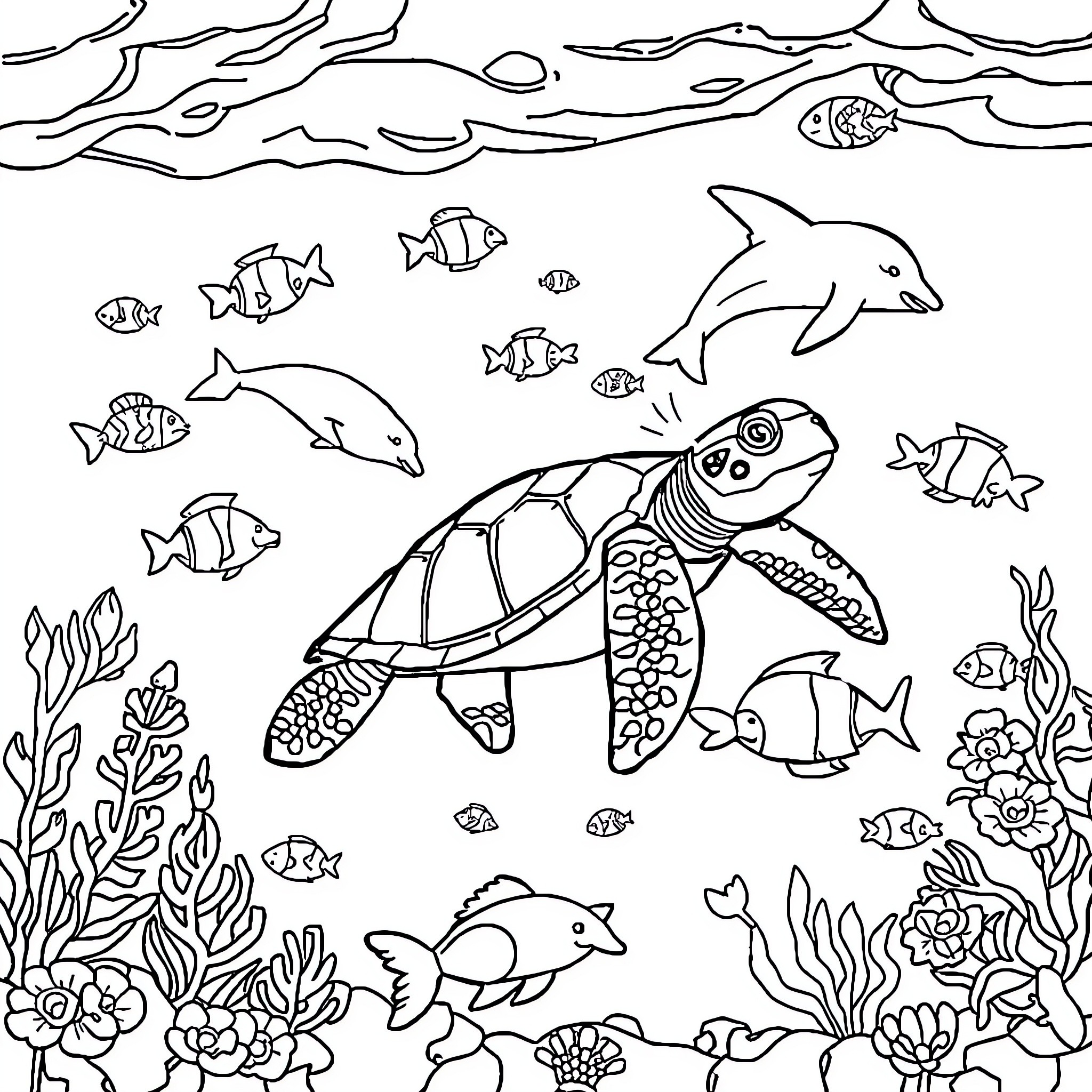 Turtle swimming with marine life in underwater scene Coloring Page (free black-and-white line drawing printable PDF for all, from beginners to advanced learners, including children, teens, adults, and seniors)