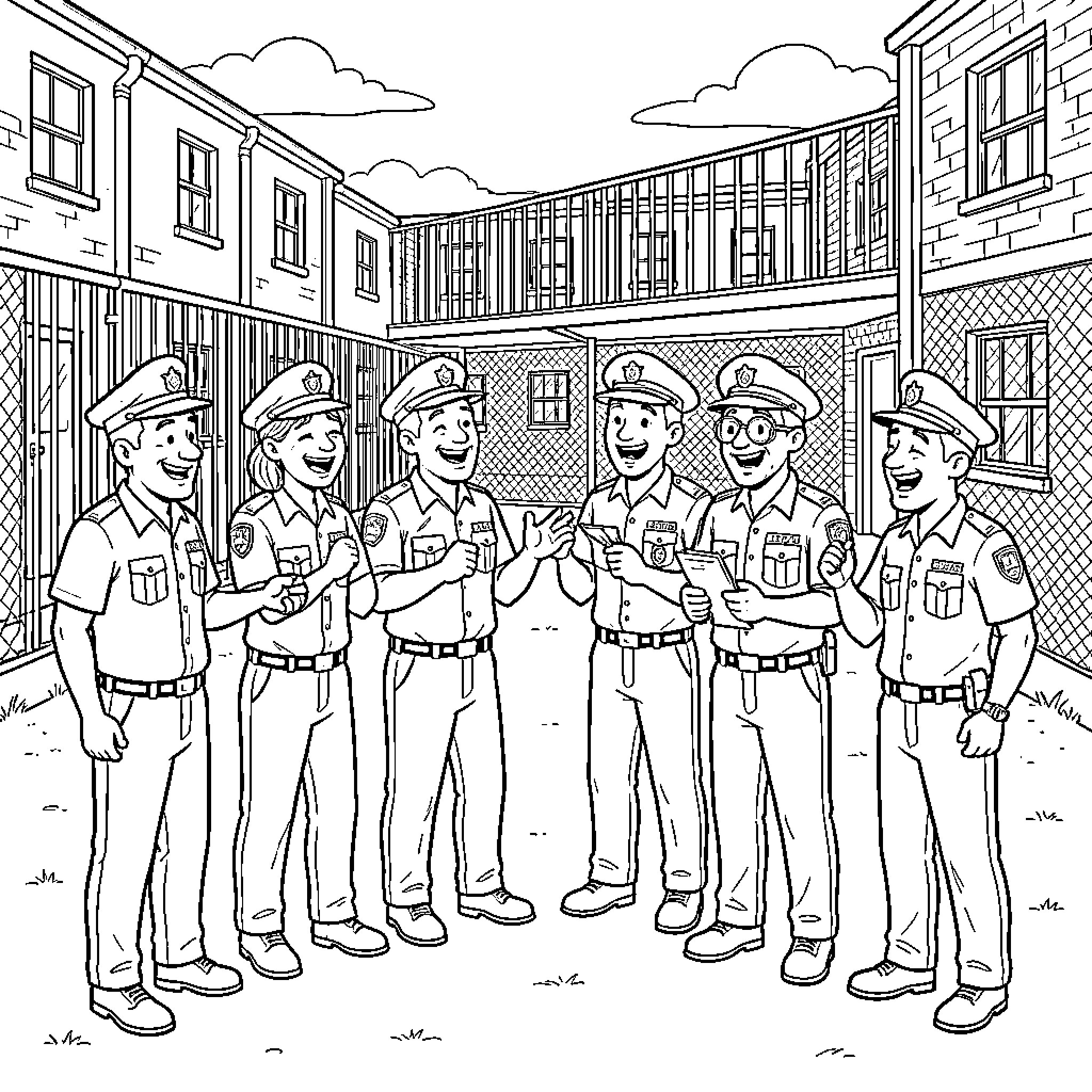 Corrections Officers standing together and talking in a courtyard Coloring Page (free black-and-white line drawing printable PDF for all, from beginners to advanced learners, including children, teens, adults, and seniors)