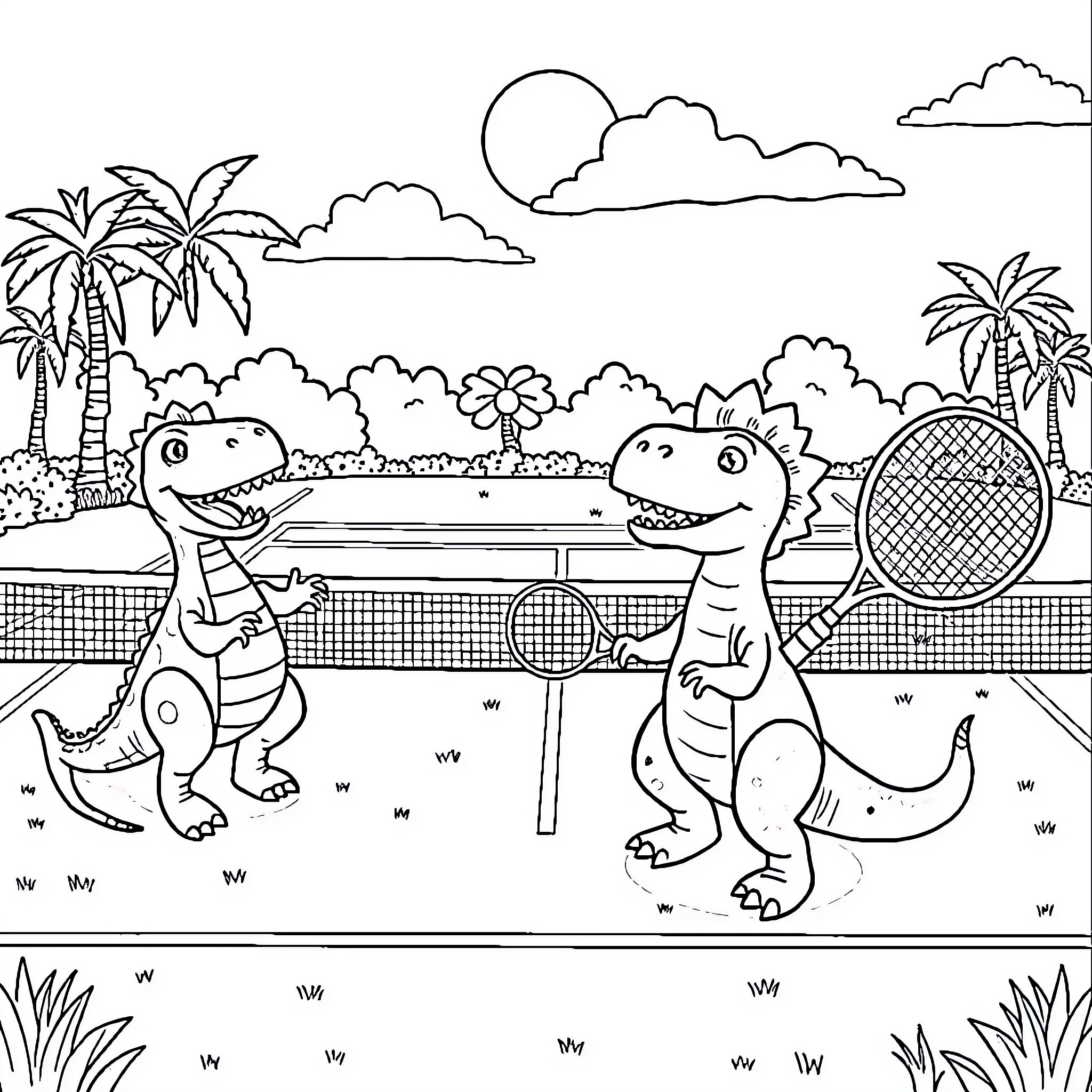 Dinosaurs playing tennis on tropical court Coloring Page (free black-and-white line drawing printable PDF for all, from beginners to advanced learners, including children, teens, adults, and seniors)