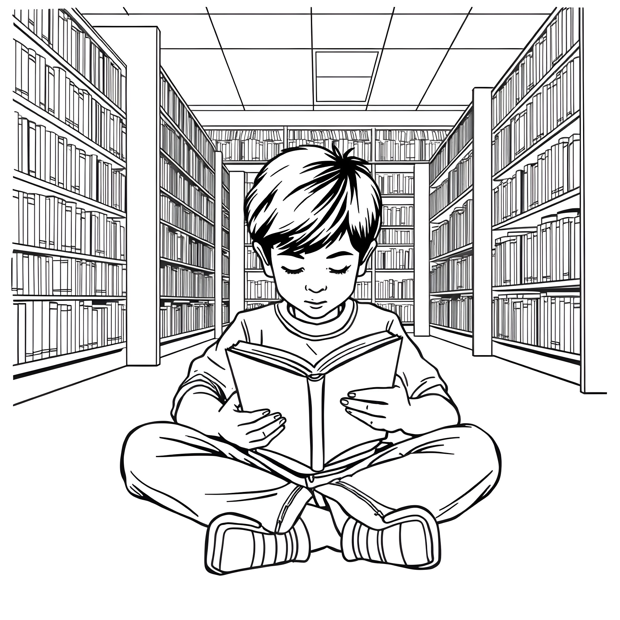 Boy Reading a Book in the Library Coloring Page (free black-and-white line drawing printable PDF for all, from beginners to advanced learners, including children, teens, adults, and seniors)