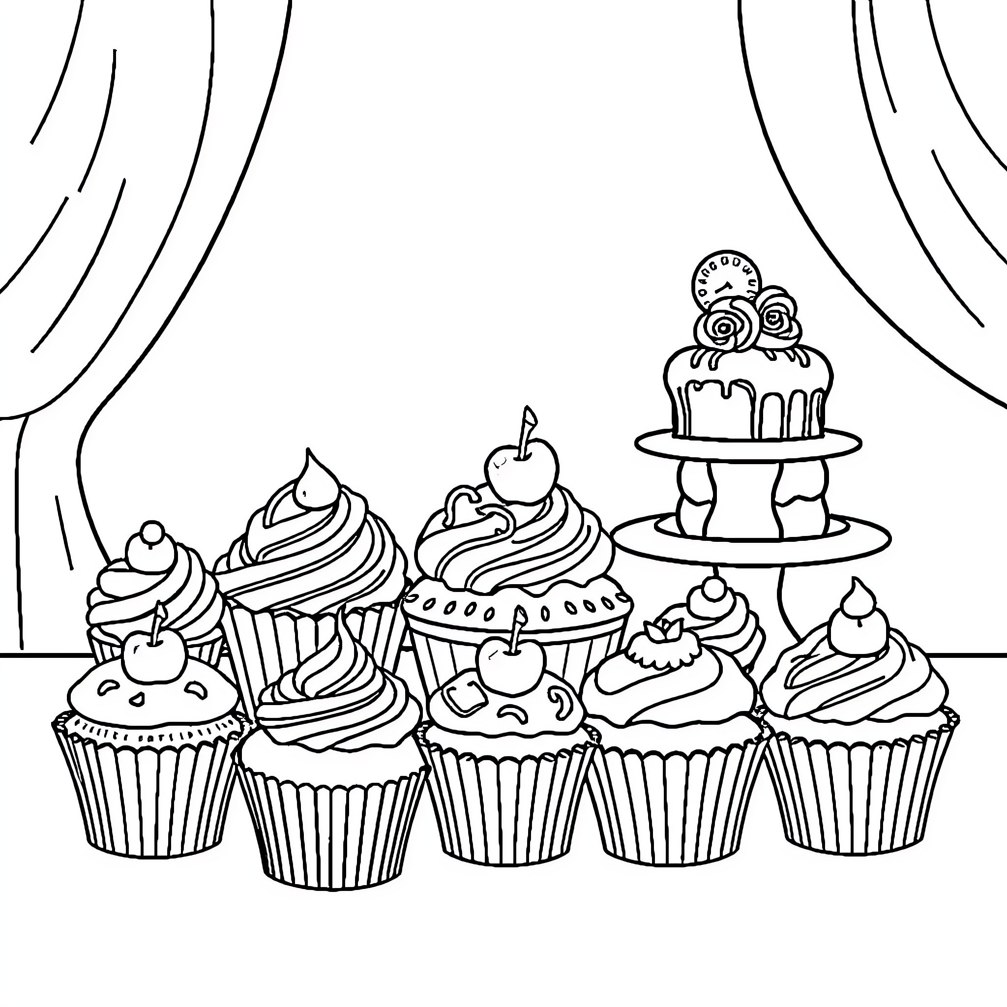 Cake Celebration with Cupcakes and Cake Coloring Page (free black-and-white line drawing printable PDF for all, from beginners to advanced learners, including children, teens, adults, and seniors)