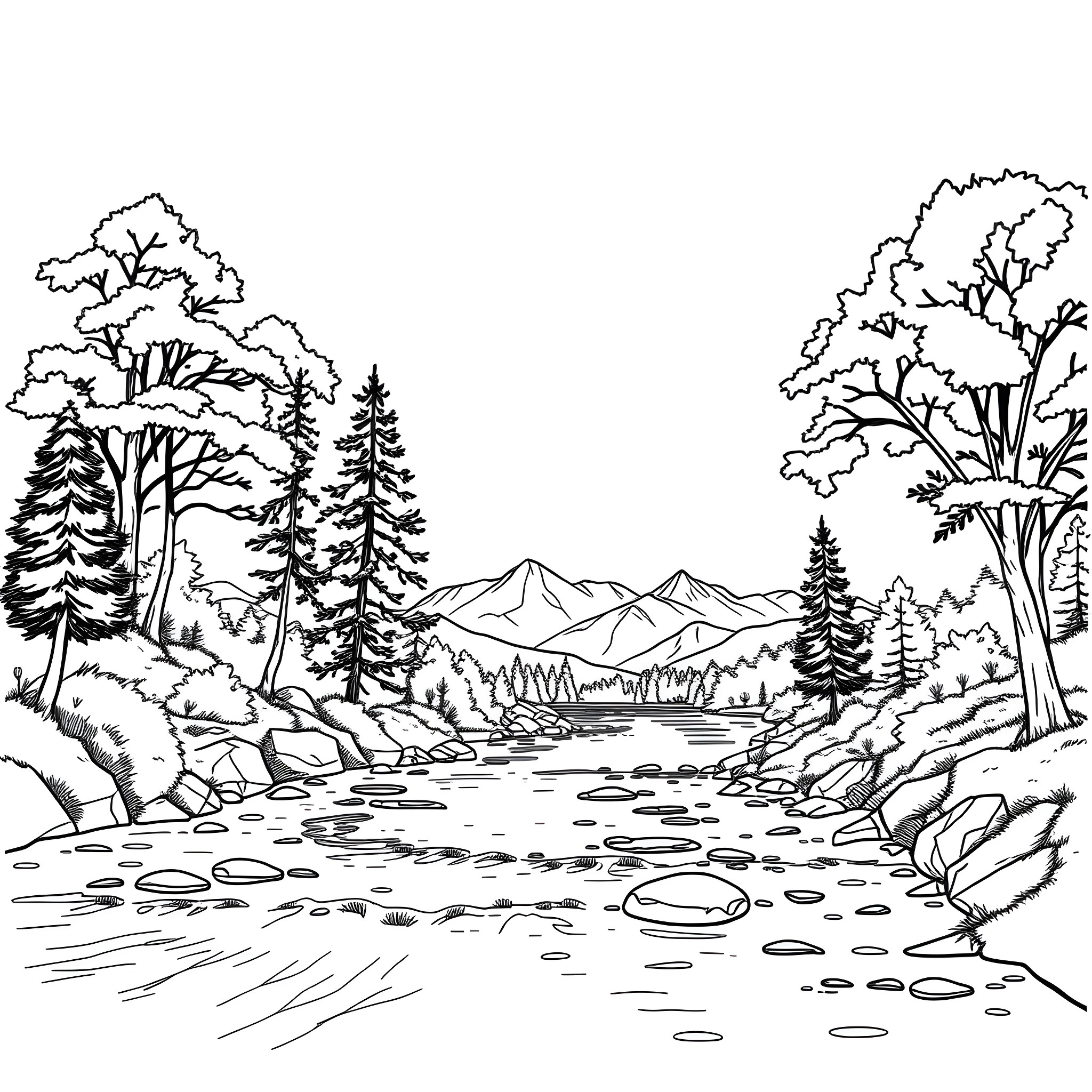 Outdoor Mountain Landscape with Tranquil River Coloring Page (free black-and-white line drawing printable PDF for all, from beginners to advanced learners, including children, teens, adults, and seniors)