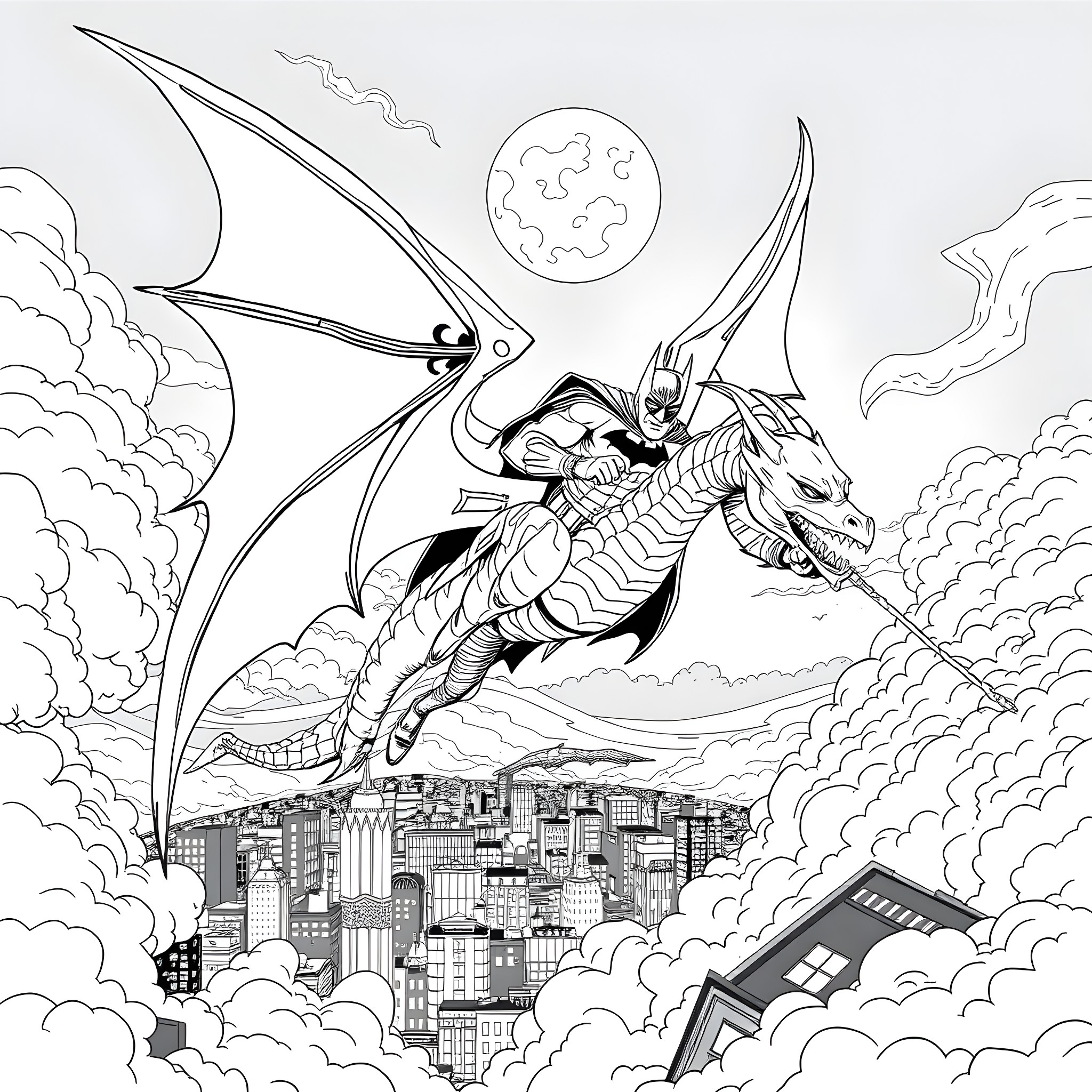 Batman fighting a dragon over the city Coloring Page (free black-and-white line drawing printable PDF for all, from beginners to advanced learners, including children, teens, adults, and seniors)