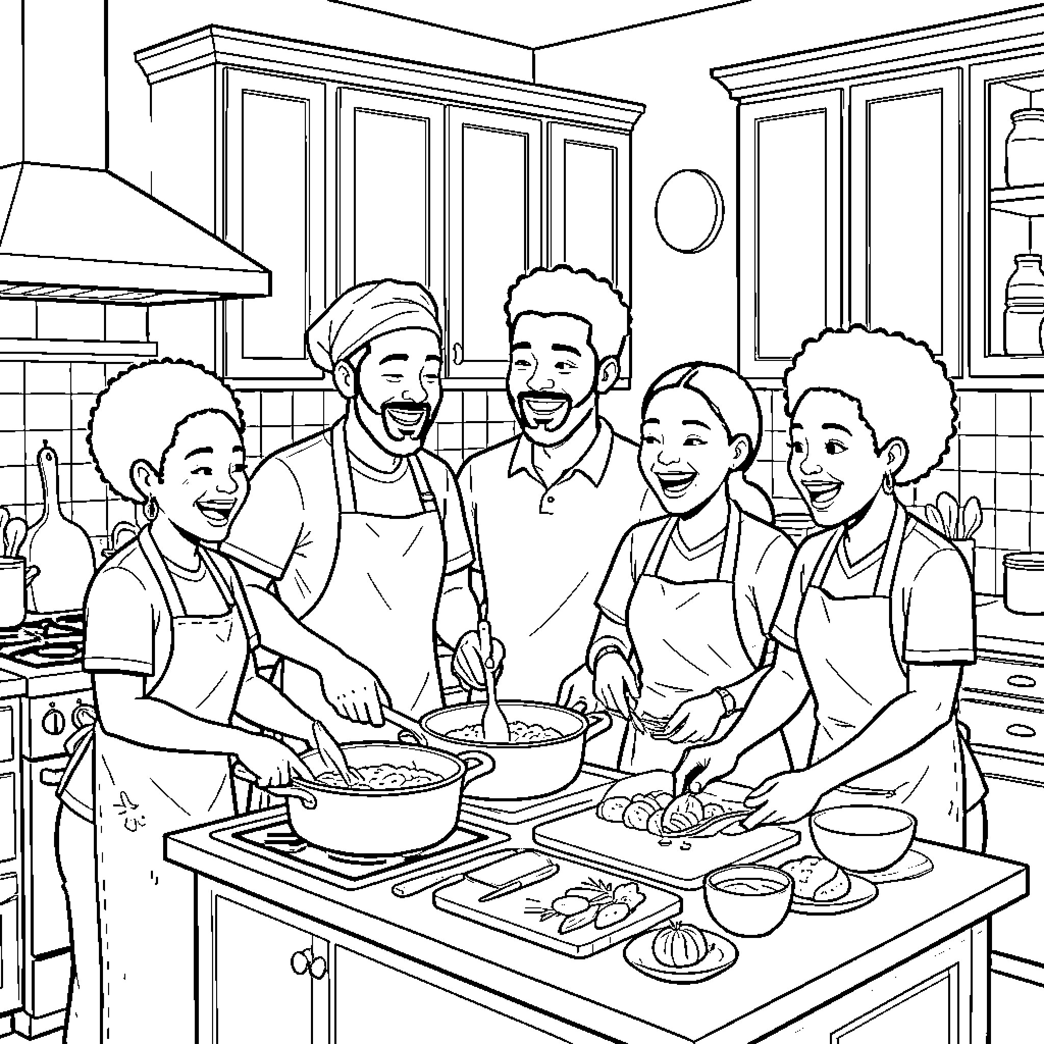 Person Cooking Together in a Kitchen with Family Coloring Page (free black-and-white line drawing printable PDF for all, from beginners to advanced learners, including children, teens, adults, and seniors)
