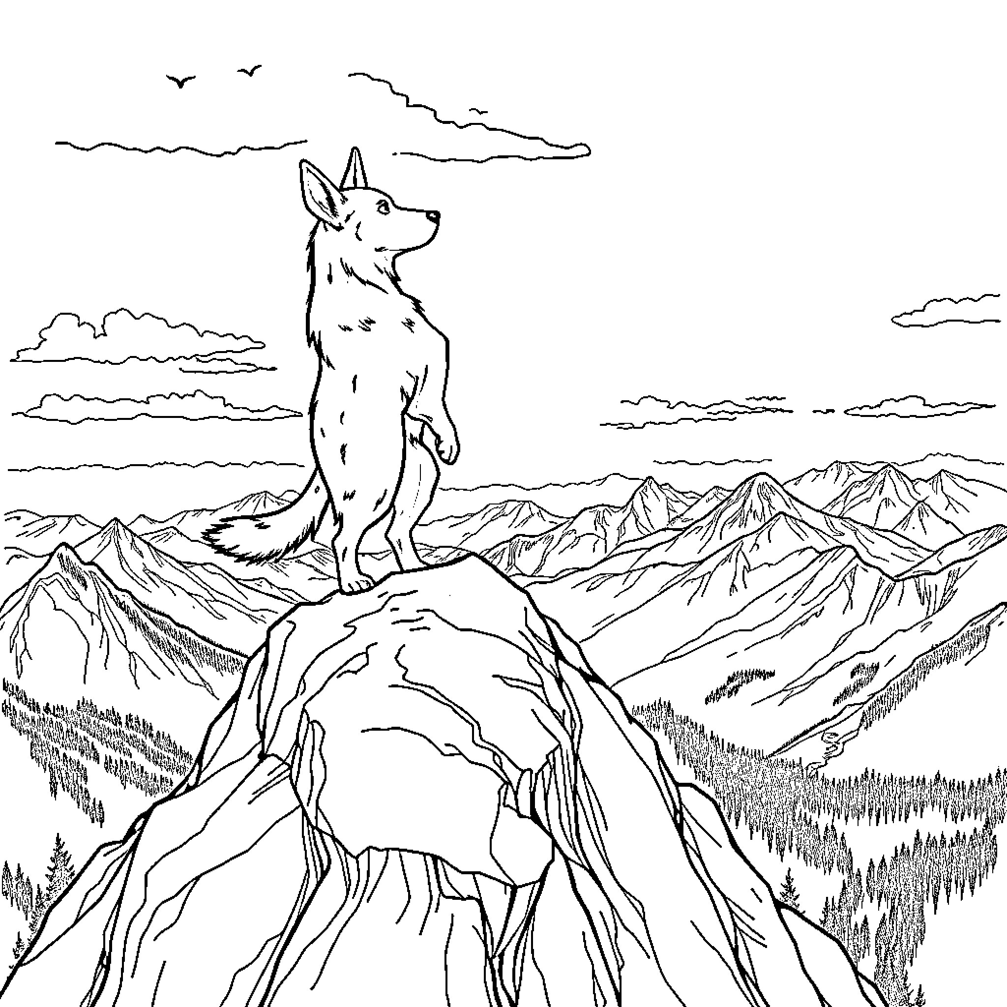 Dog Overlooking Majestic Mountain Landscape Coloring Page (free black-and-white line drawing printable PDF for all, from beginners to advanced learners, including children, teens, adults, and seniors)