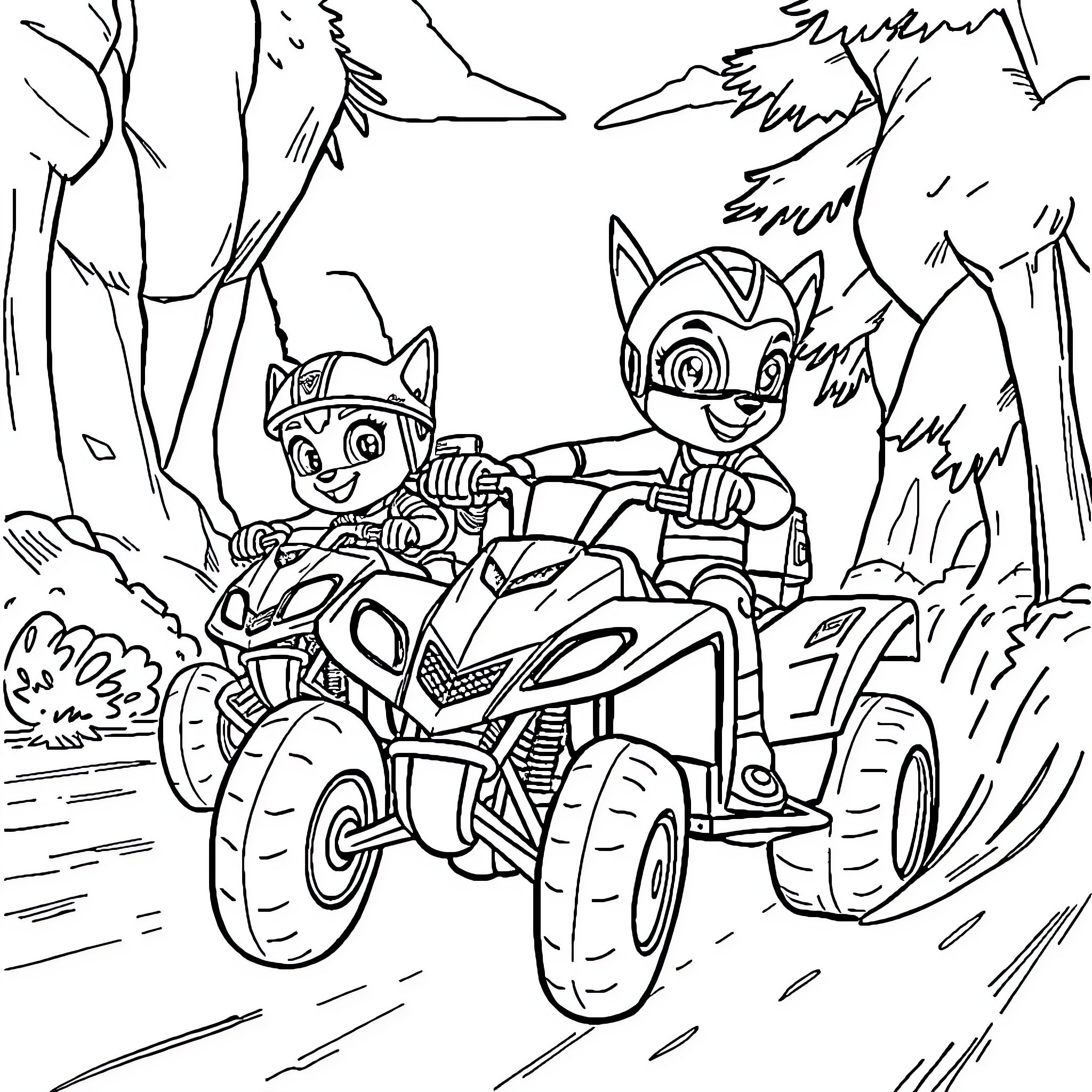 Pat Patrouille characters riding ATV in the forest Coloring Page (free black-and-white line drawing printable PDF for all, from beginners to advanced learners, including children, teens, adults, and seniors)