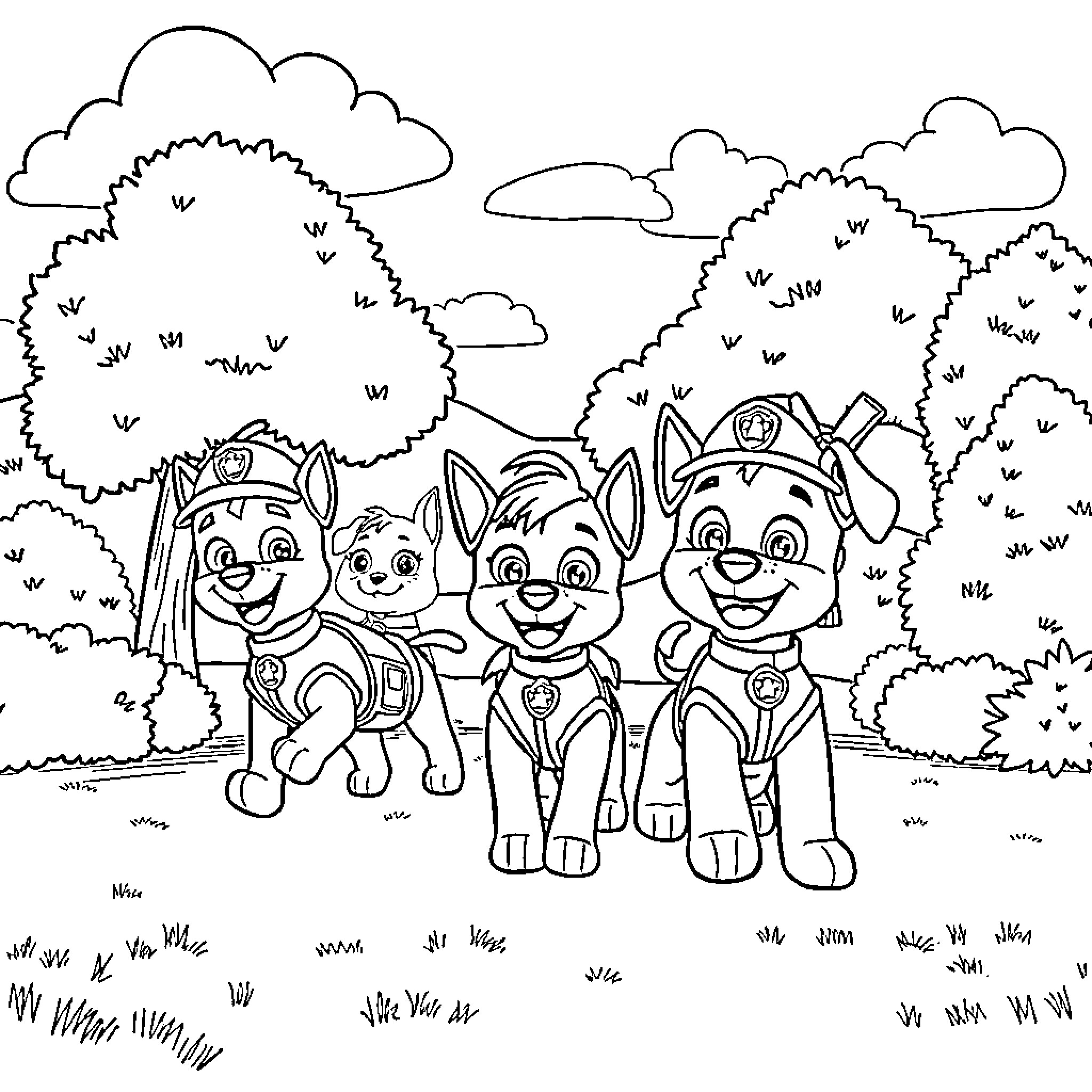 Paw Patrol team playing together in the park Coloring Page (free black-and-white line drawing printable PDF for all, from beginners to advanced learners, including children, teens, adults, and seniors)