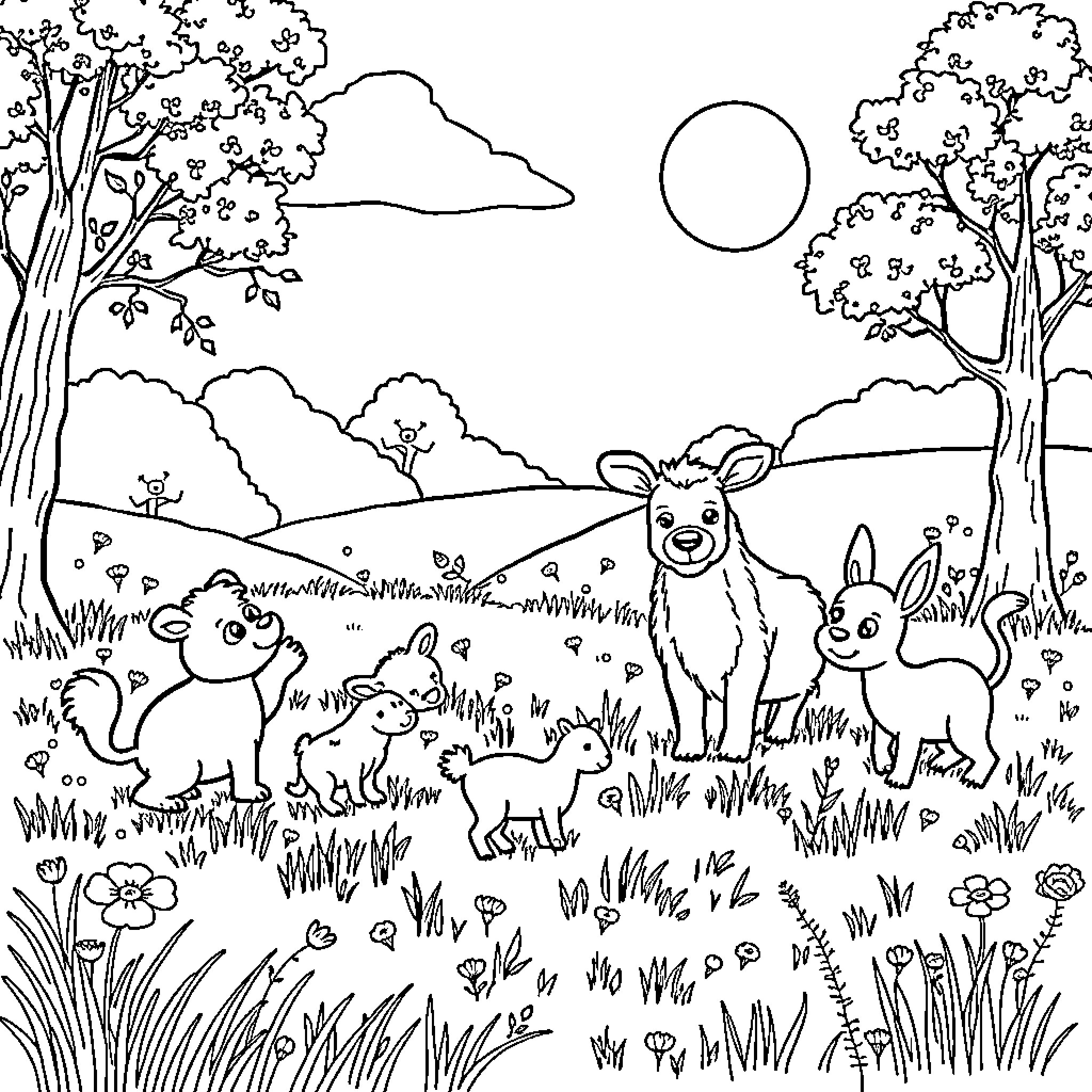 Animal friends in a peaceful forest landscape Coloring Page (free black-and-white line drawing printable PDF for all, from beginners to advanced learners, including children, teens, adults, and seniors)