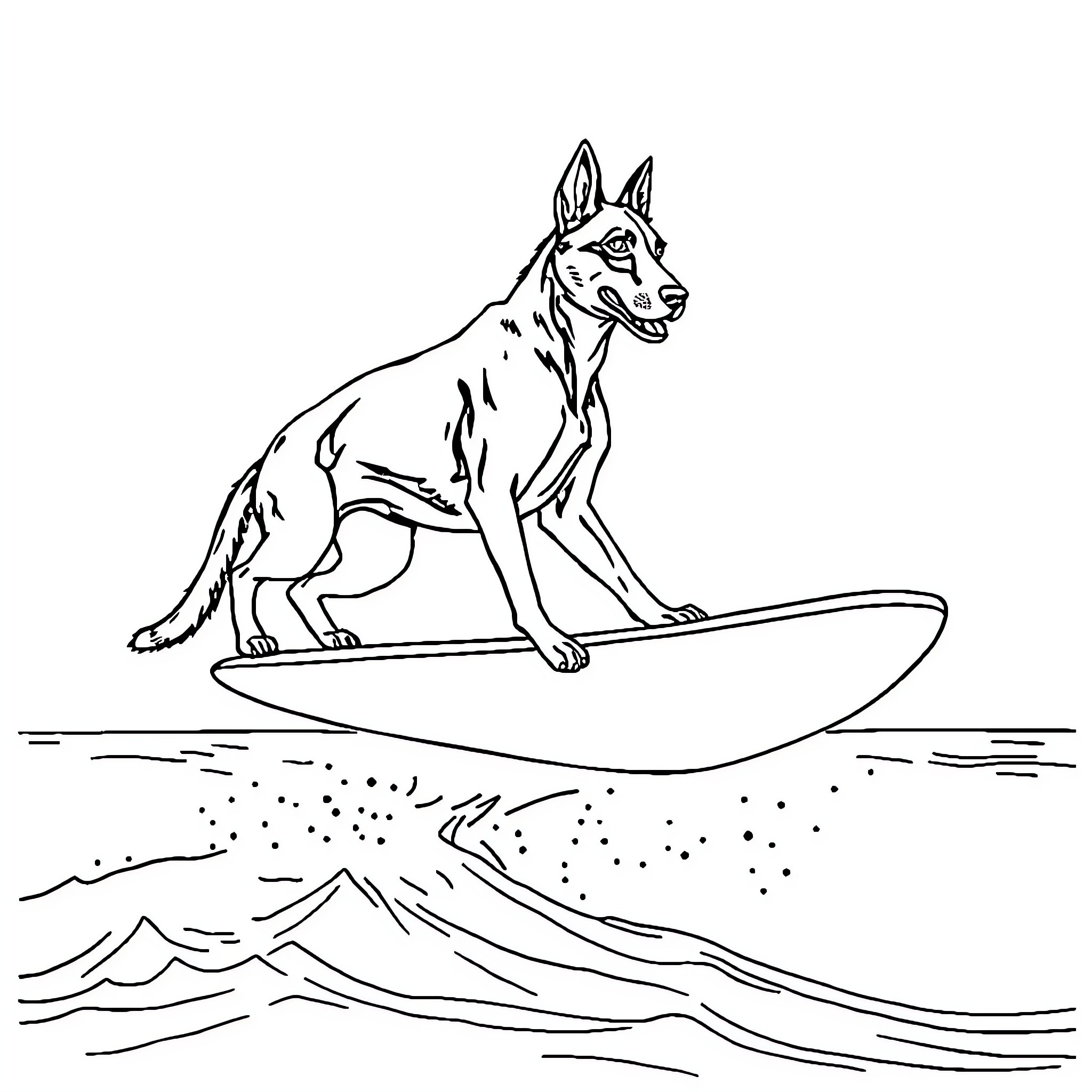 Malinois Surfing the Waves Coloring Page (free black-and-white line drawing printable PDF for all, from beginners to advanced learners, including children, teens, adults, and seniors)
