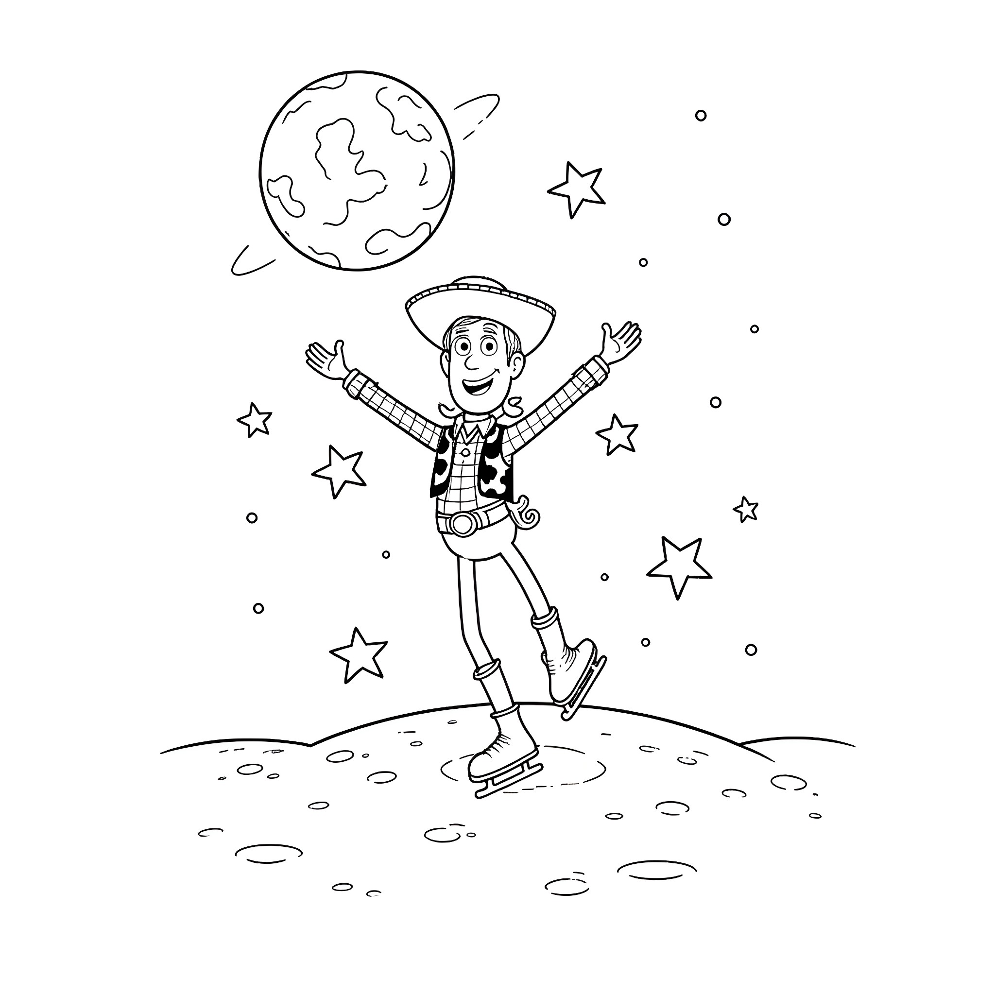 Woody's Cosmic Adventure Coloring Page (free black-and-white line drawing printable PDF for all, from beginners to advanced learners, including children, teens, adults, and seniors)