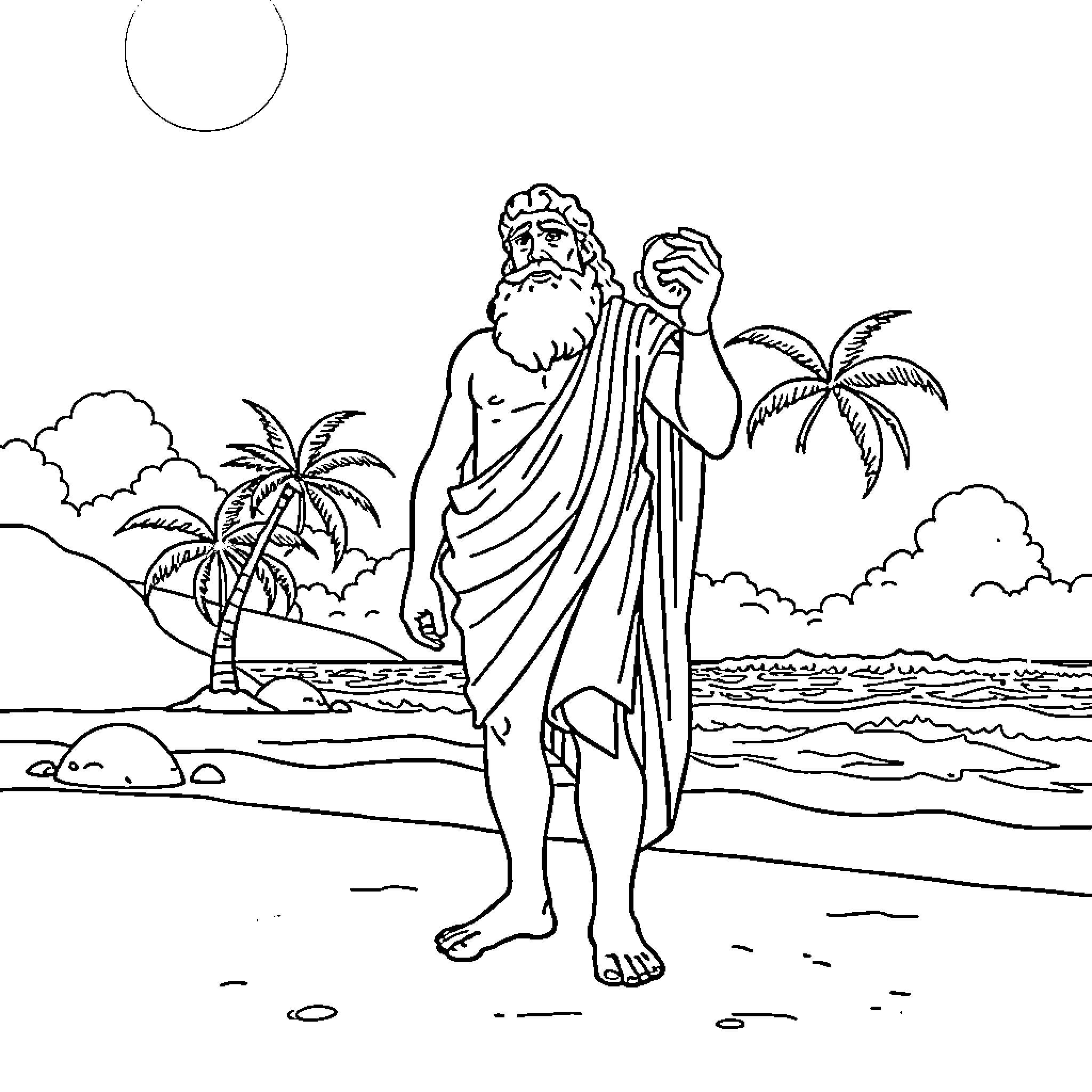 Aesop stands on a tropical beach Coloring Page (free black-and-white line drawing printable PDF for all, from beginners to advanced learners, including children, teens, adults, and seniors)