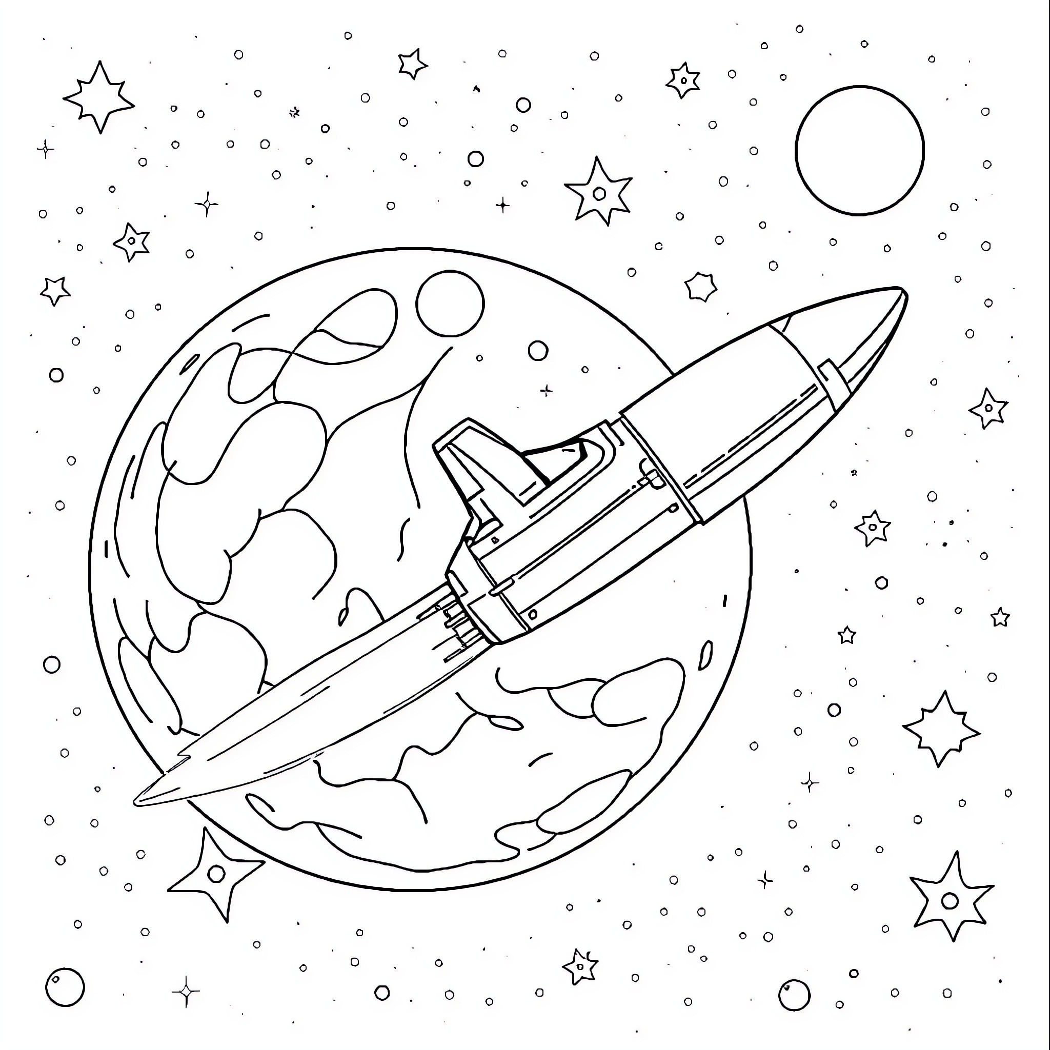 Spaceship flying through a starry galaxy Coloring Page (free black-and-white line drawing printable PDF for all, from beginners to advanced learners, including children, teens, adults, and seniors)