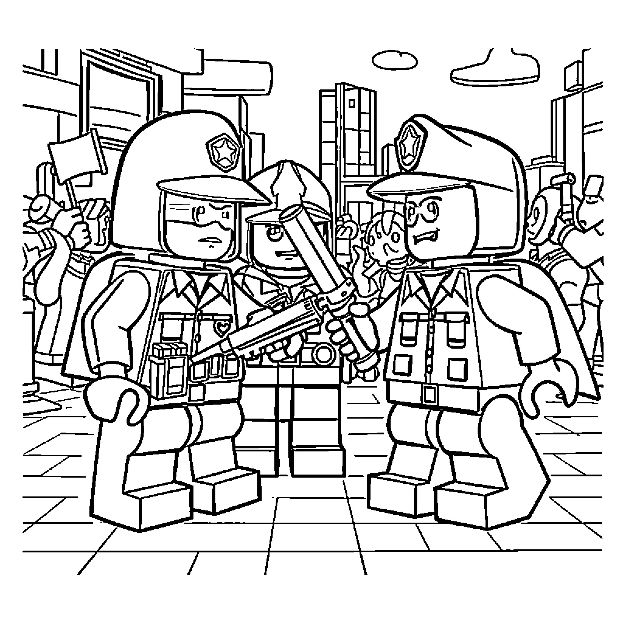 Lego Police Officers in Action Coloring Page (free black-and-white line drawing printable PDF for all, from beginners to advanced learners, including children, teens, adults, and seniors)