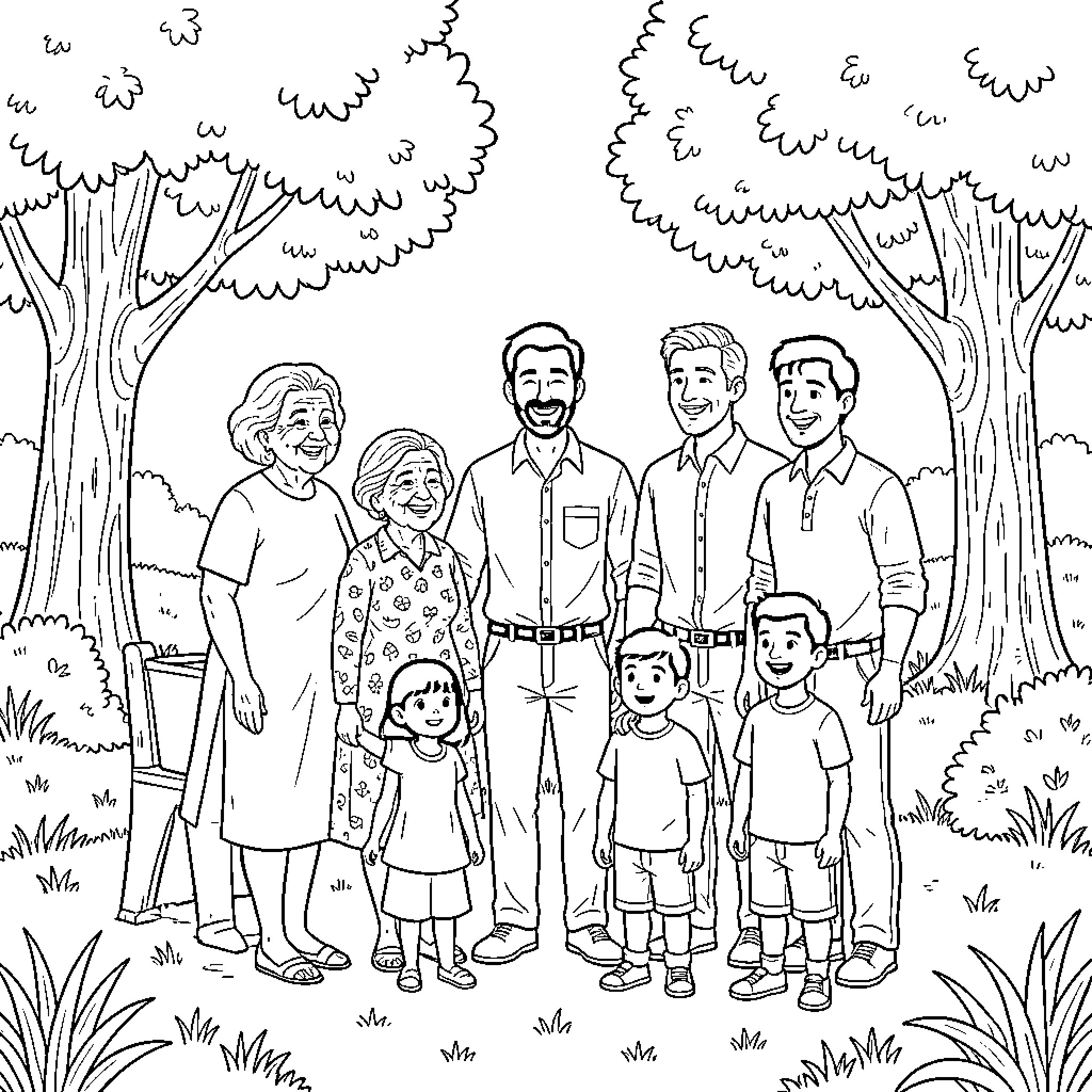 Familia Enjoying Outdoor Nature Together Coloring Page (free black-and-white line drawing printable PDF for all, from beginners to advanced learners, including children, teens, adults, and seniors)