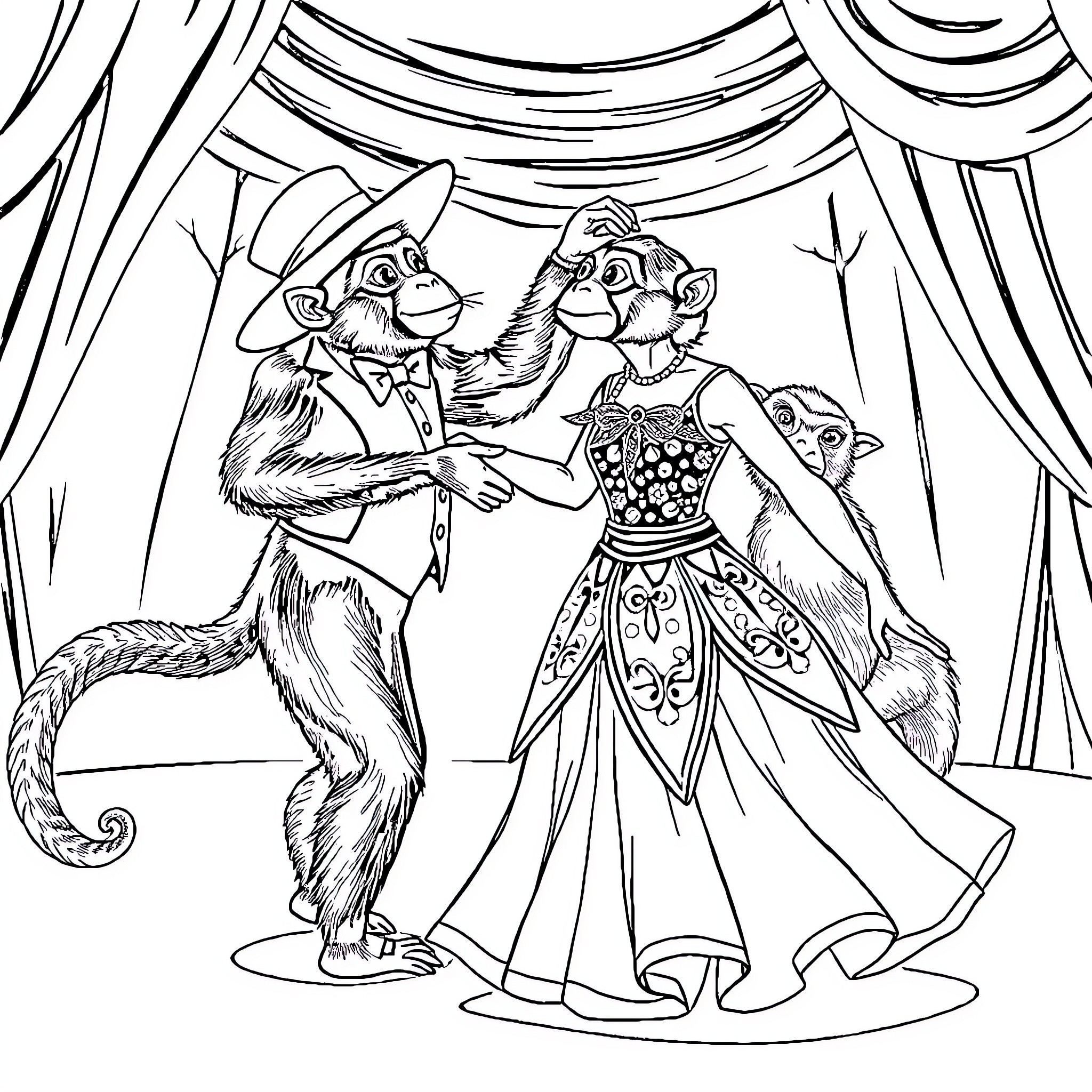 Ballerina monkeys dancing on stage Coloring Page (free black-and-white line drawing printable PDF for all, from beginners to advanced learners, including children, teens, adults, and seniors)