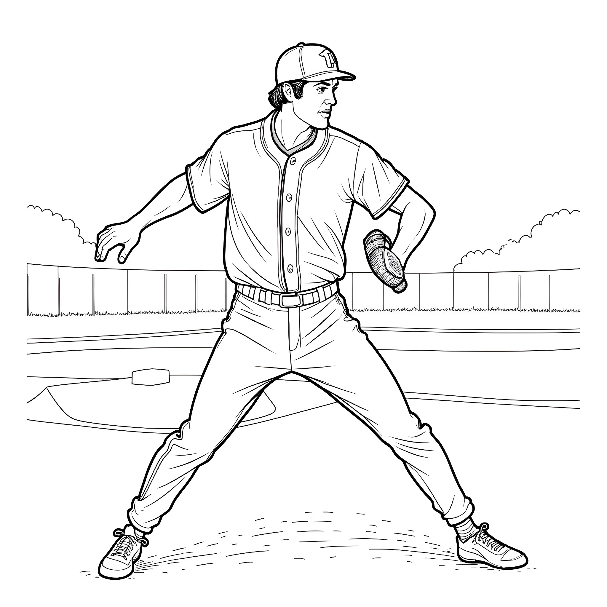 Elvis Presley Playing Baseball on Field Coloring Page (free black-and-white line drawing printable PDF for all, from beginners to advanced learners, including children, teens, adults, and seniors)