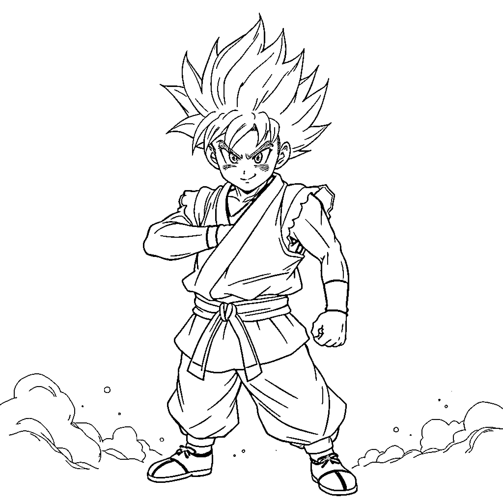 Sangoku character in action pose with spiky hair Coloring Page (free black-and-white line drawing printable PDF for all, from beginners to advanced learners, including children, teens, adults, and seniors)