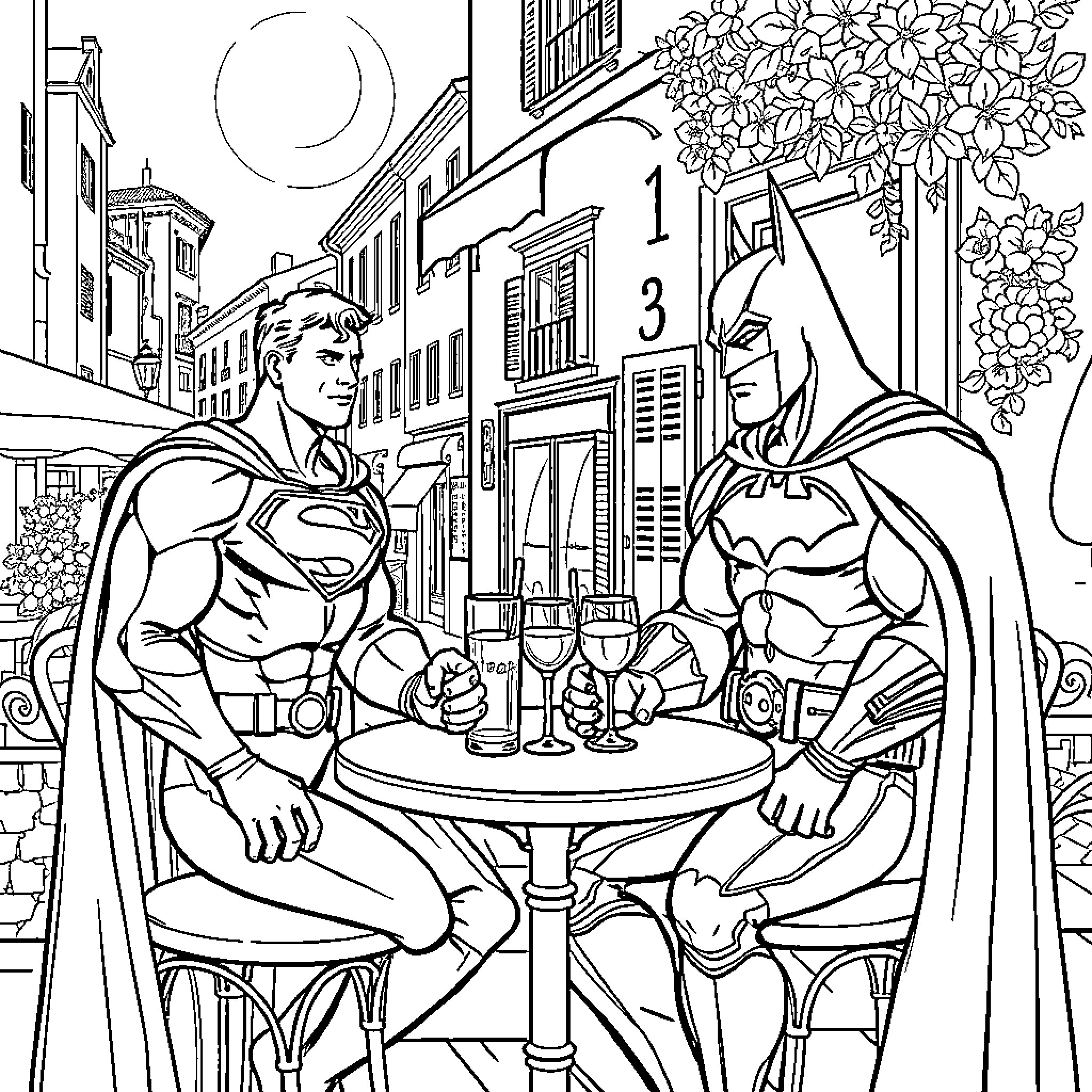 Superman and Batman enjoying a night out together Coloring Page (free black-and-white line drawing printable PDF for all, from beginners to advanced learners, including children, teens, adults, and seniors)