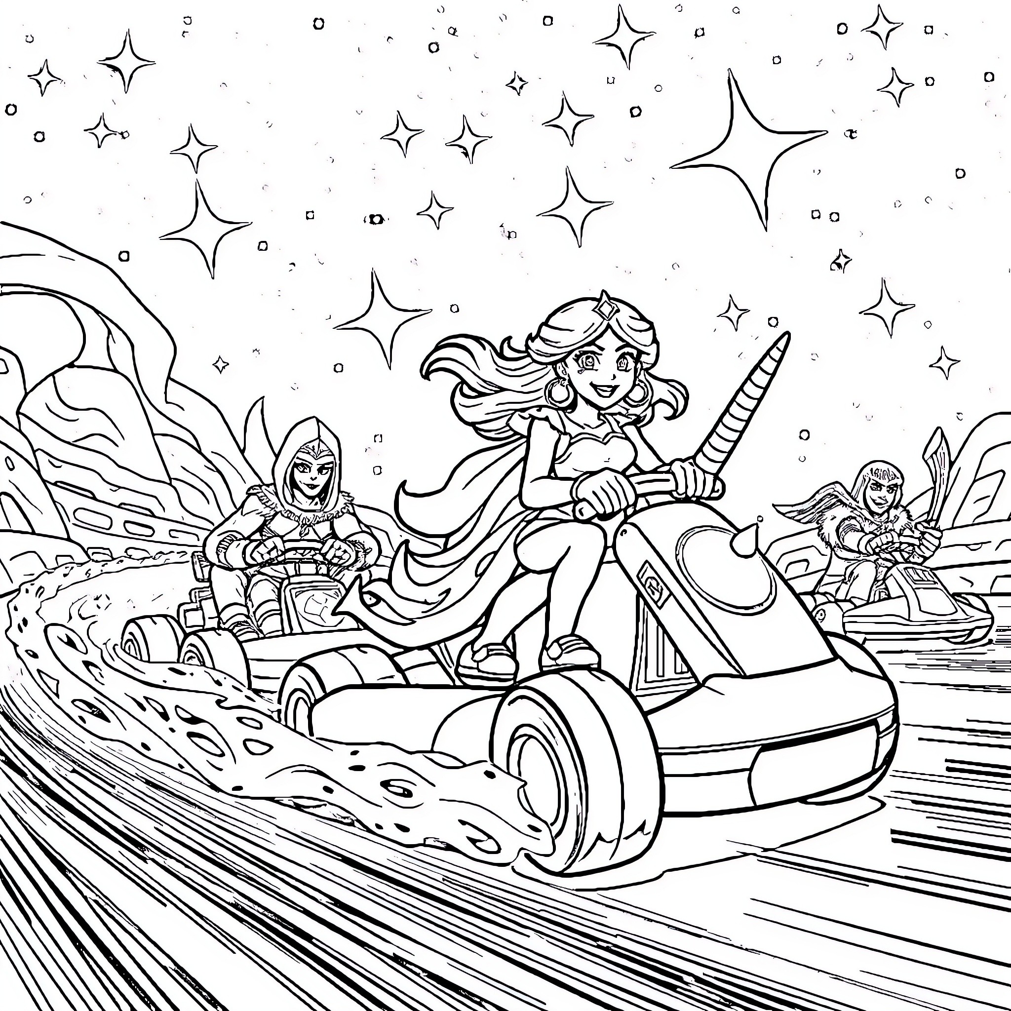 Princess Leia and friends on a galactic adventure Coloring Page (free black-and-white line drawing printable PDF for all, from beginners to advanced learners, including children, teens, adults, and seniors)