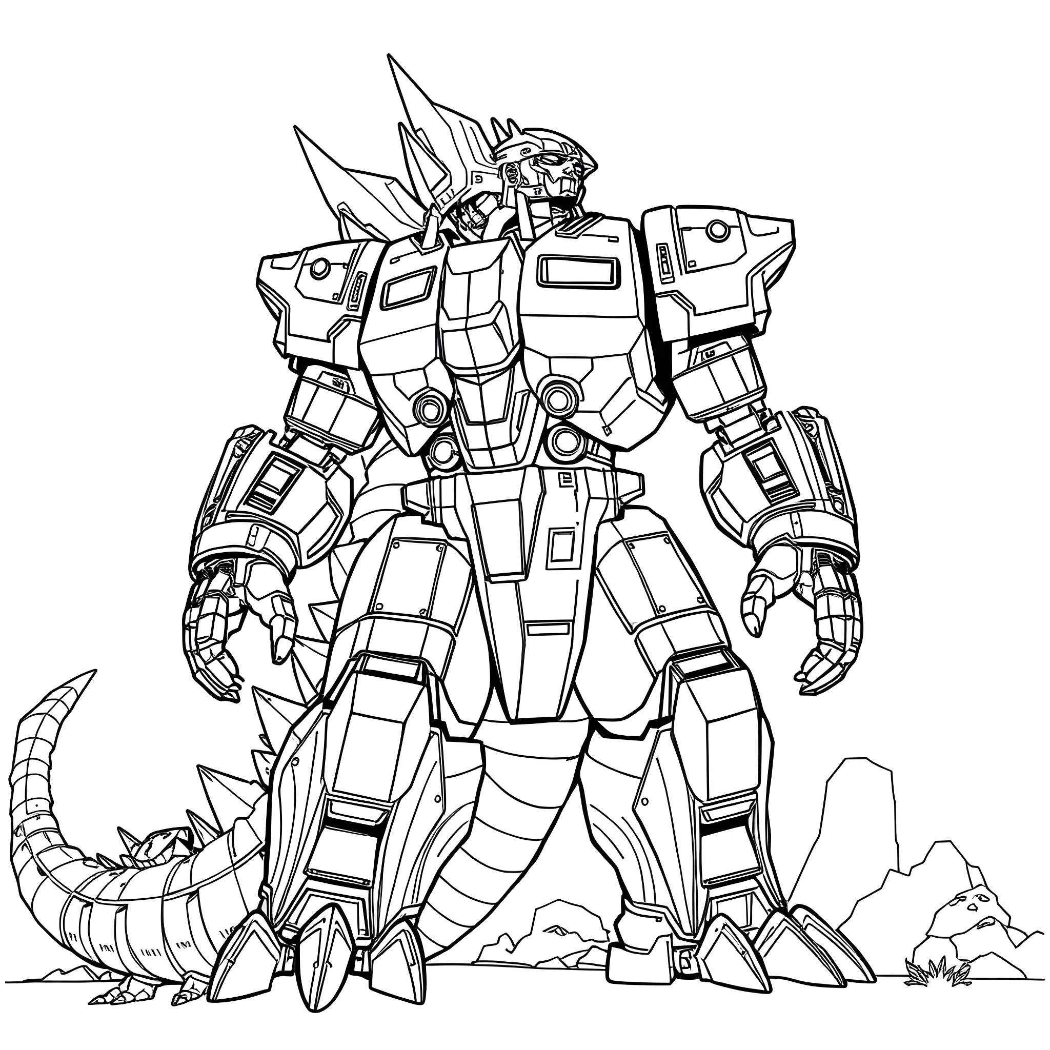 Robot warrior in battle gear standing on rocky terrain Coloring Page (free black-and-white line drawing printable PDF for all, from beginners to advanced learners, including children, teens, adults, and seniors)