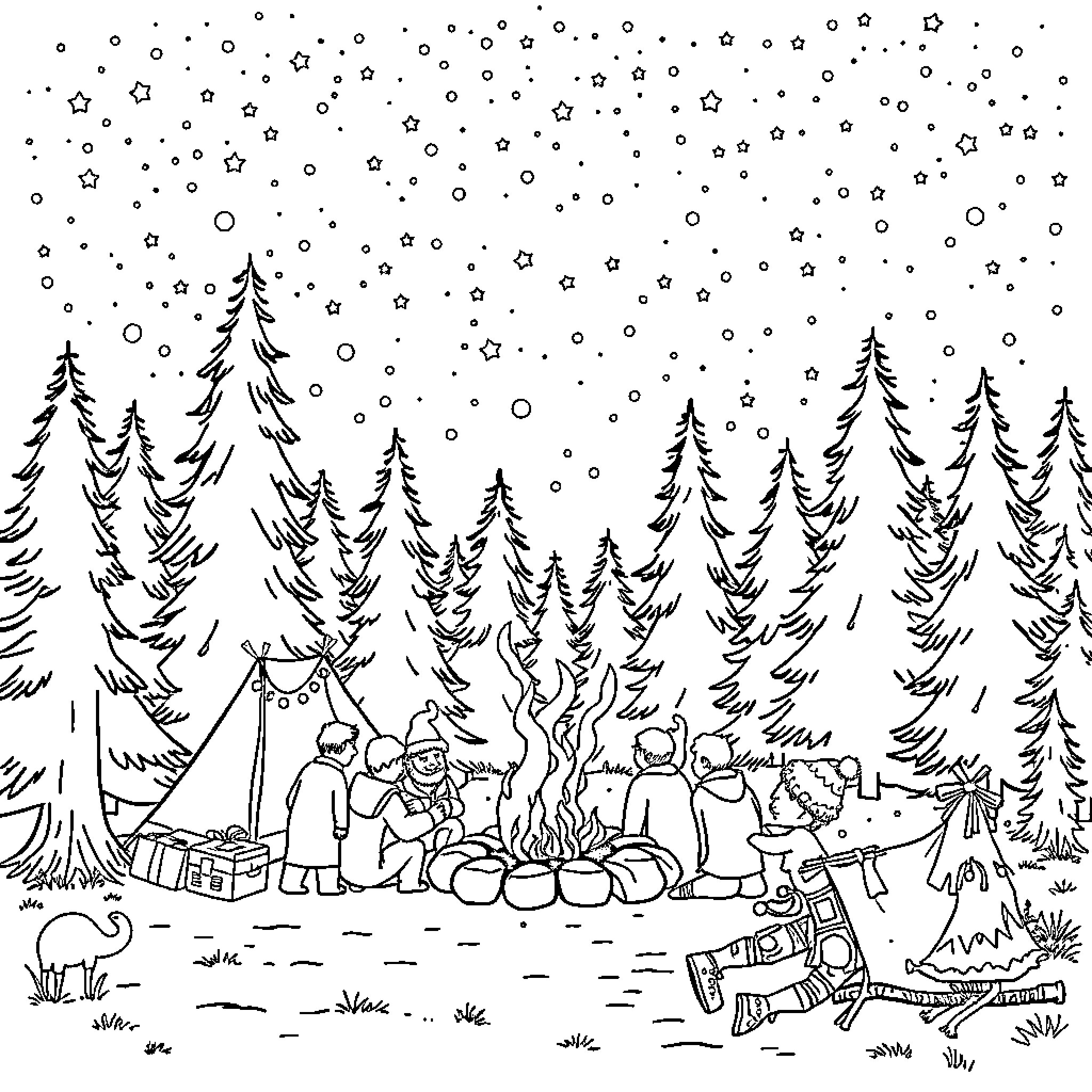 Camping in the snowy forest with friends Coloring Page (free black-and-white line drawing printable PDF for all, from beginners to advanced learners, including children, teens, adults, and seniors)
