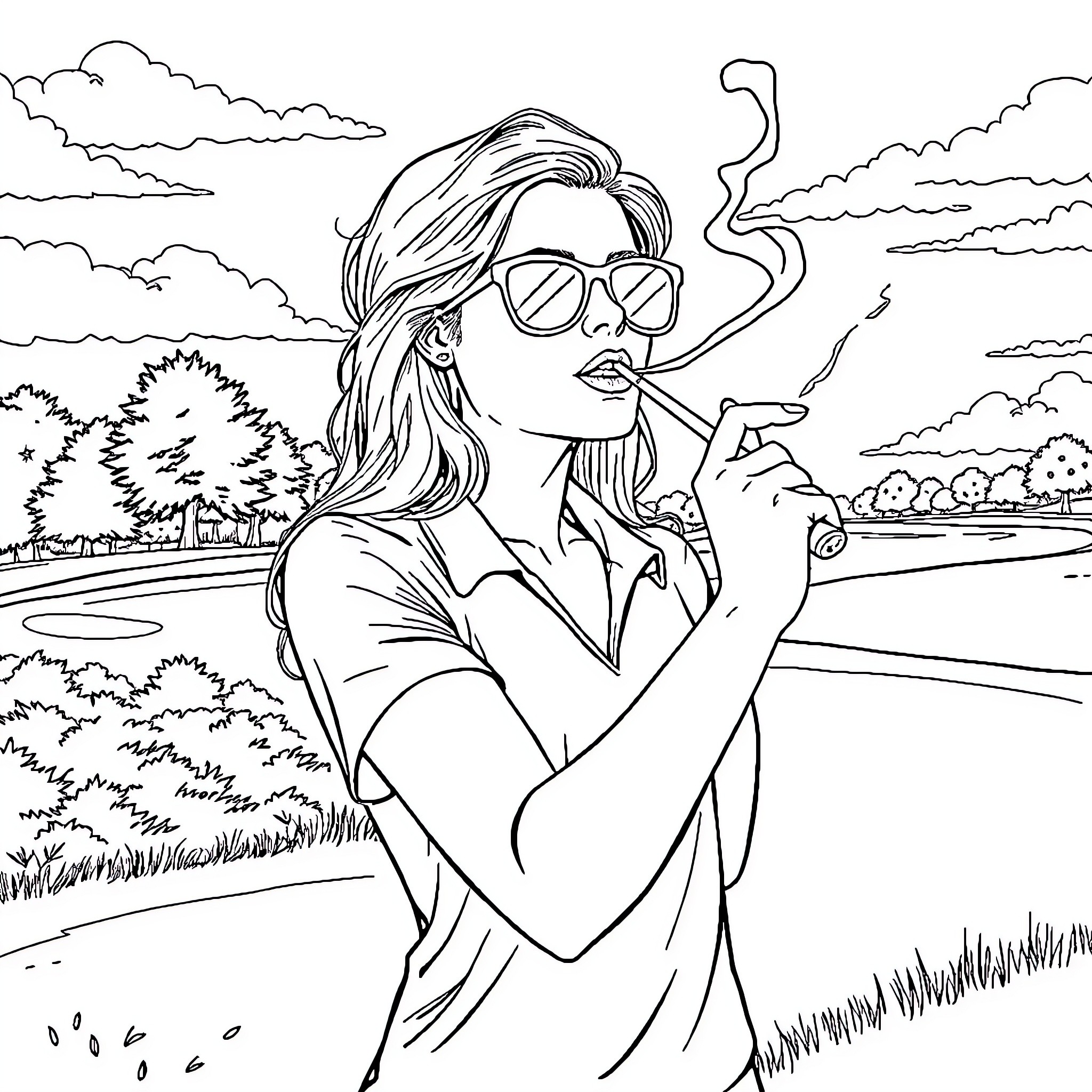 Golfer posing confidently in stylish attire Coloring Page (free black-and-white line drawing printable PDF for all, from beginners to advanced learners, including children, teens, adults, and seniors)