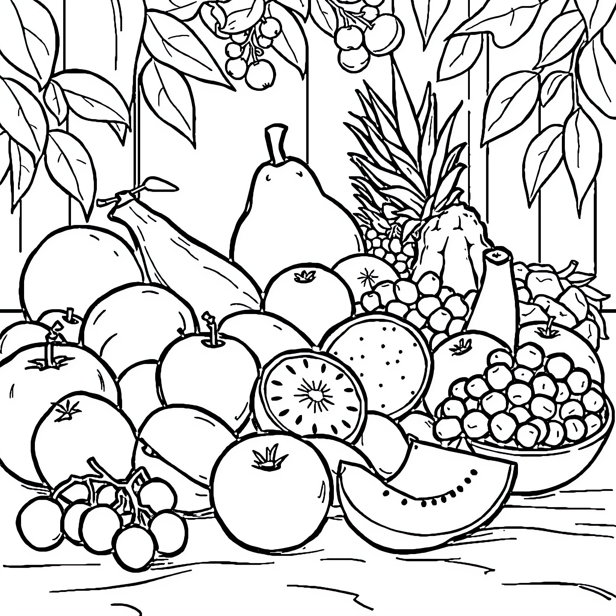 Fruit Basket with Diverse Assortment Coloring Page (free black-and-white line drawing printable PDF for all, from beginners to advanced learners, including children, teens, adults, and seniors)