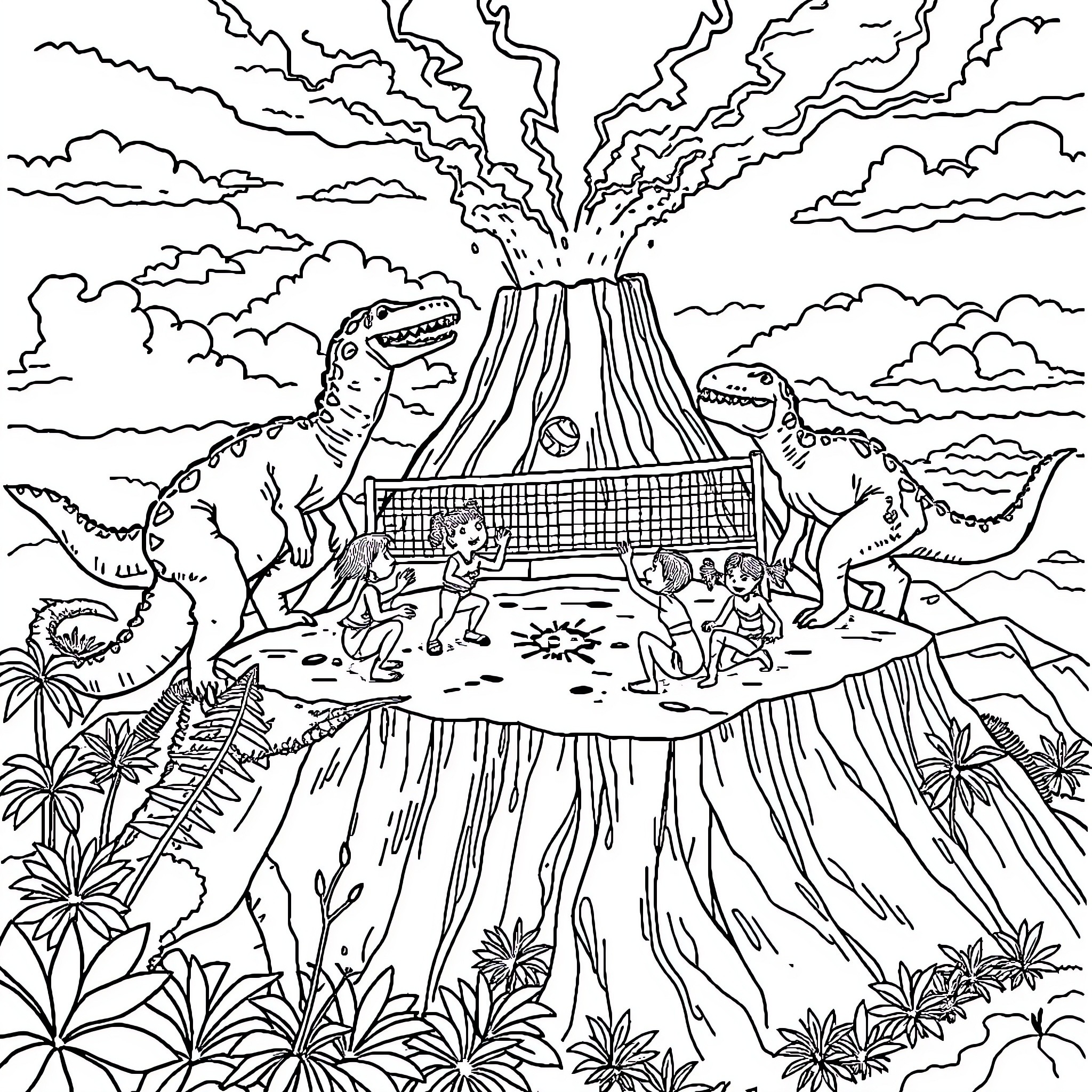 Volleyball Game Between Prehistoric Dinosaurs Coloring Page (free black-and-white line drawing printable PDF for all, from beginners to advanced learners, including children, teens, adults, and seniors)