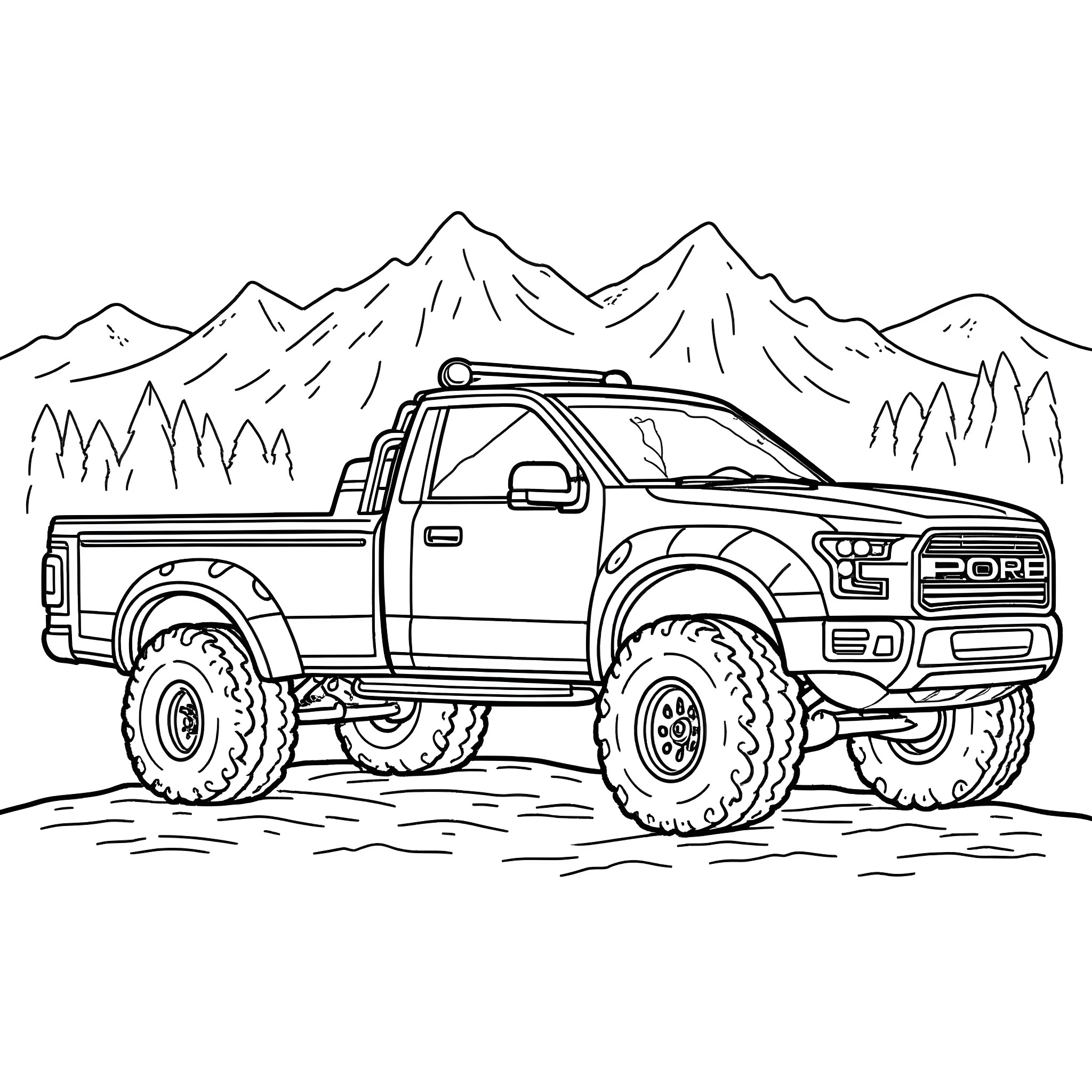 Wrecker Truck off-roading in the mountains Coloring Page (free black-and-white line drawing printable PDF for all, from beginners to advanced learners, including children, teens, adults, and seniors)