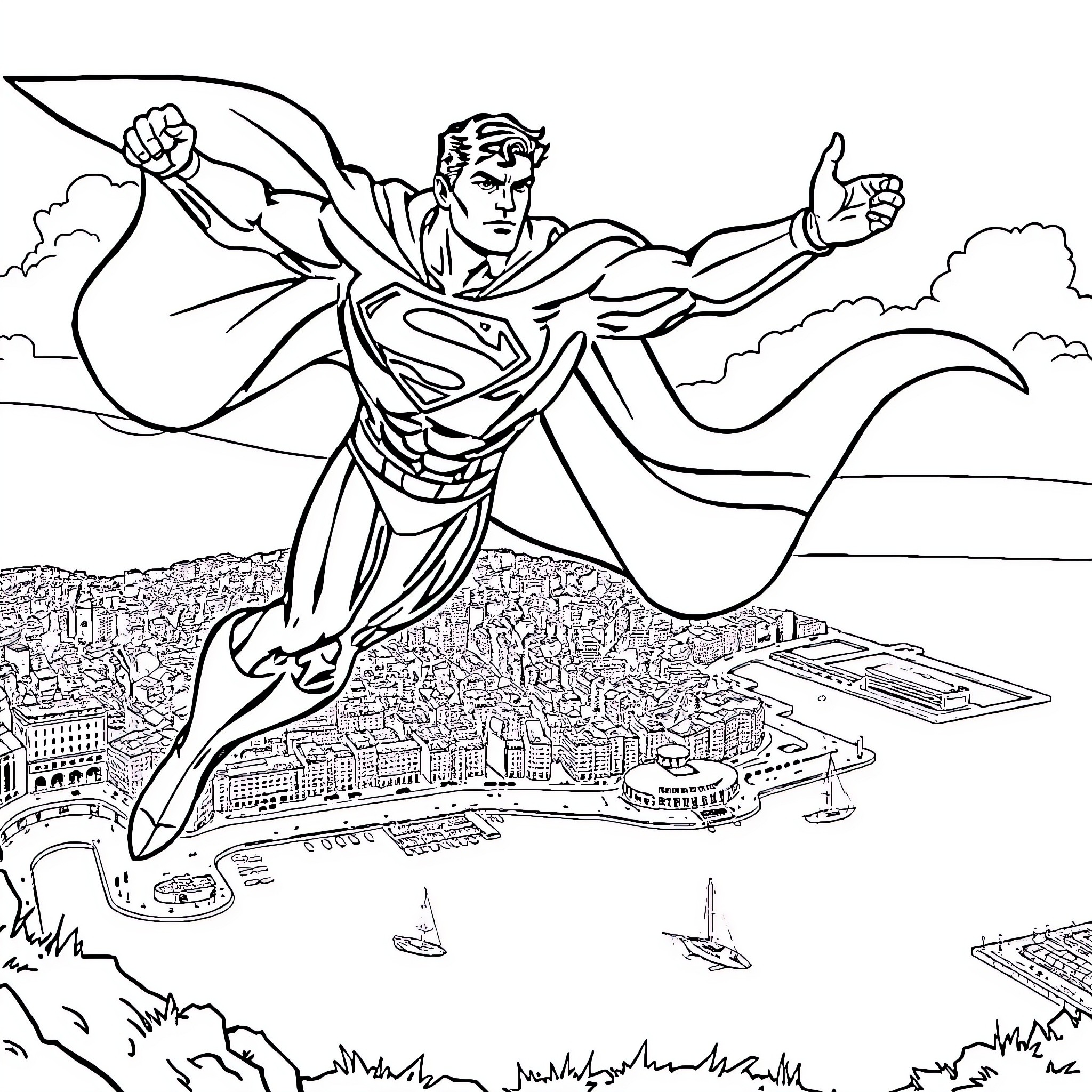 Superman soaring above the city with outstretched arms Coloring Page (free black-and-white line drawing printable PDF for all, from beginners to advanced learners, including children, teens, adults, and seniors)