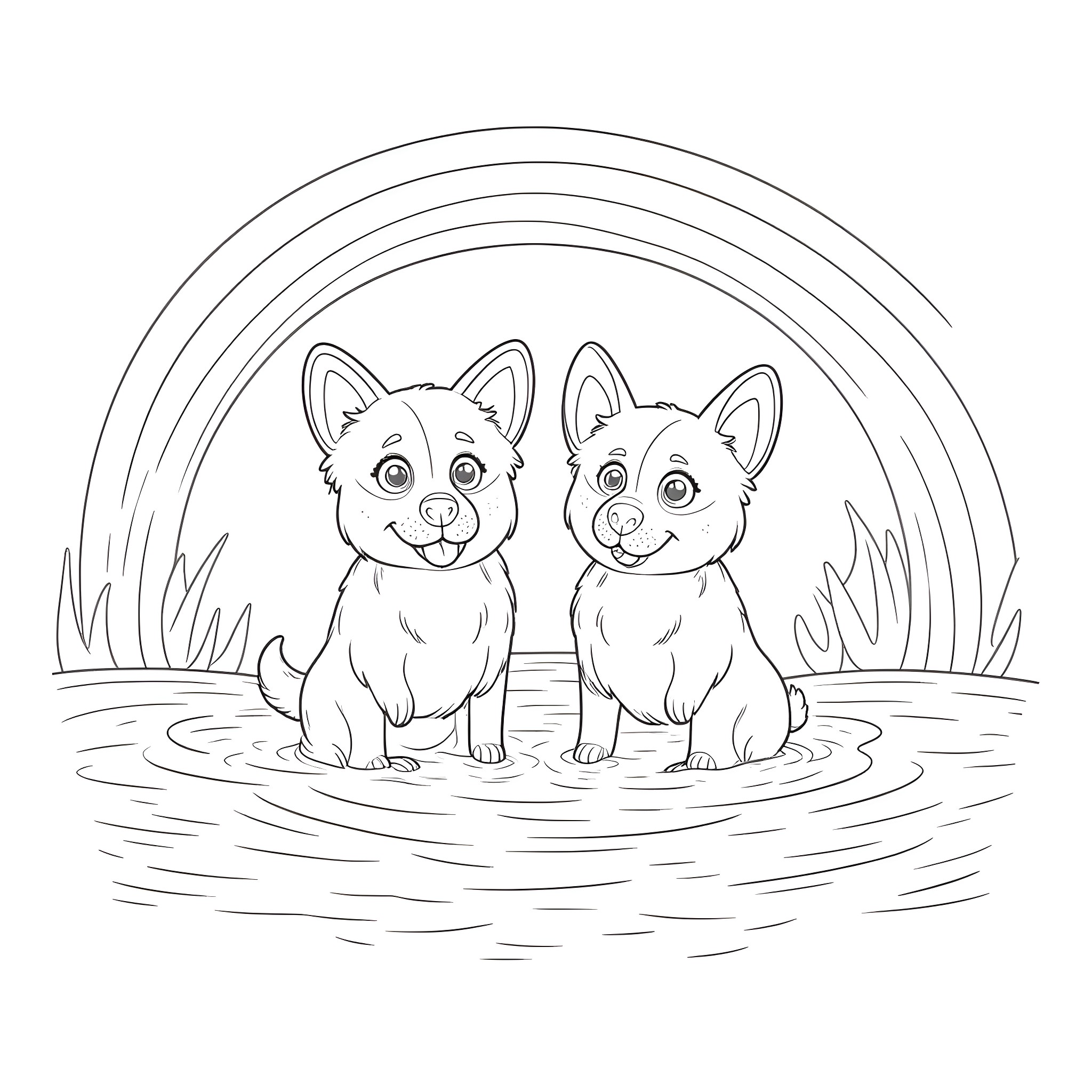 Corgi puppies playing in the water Coloring Page (free black-and-white line drawing printable PDF for all, from beginners to advanced learners, including children, teens, adults, and seniors)