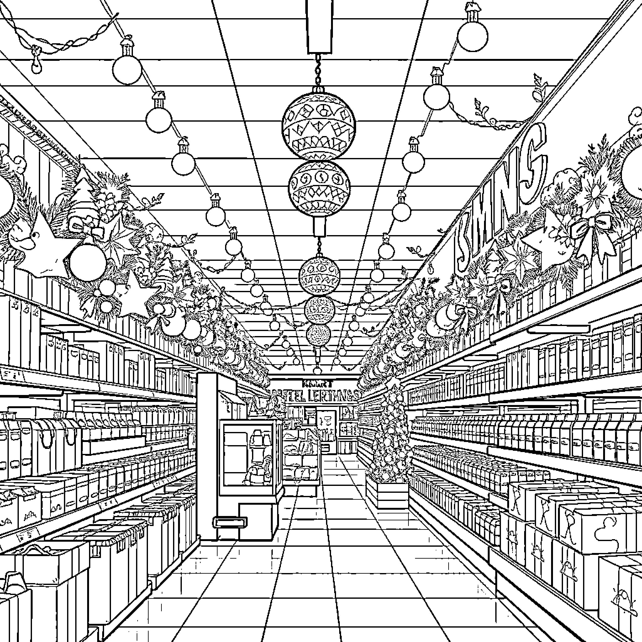 Brainrot: Surreal Supermarket Scenery Coloring Page (free black-and-white line drawing printable PDF for all, from beginners to advanced learners, including children, teens, adults, and seniors)